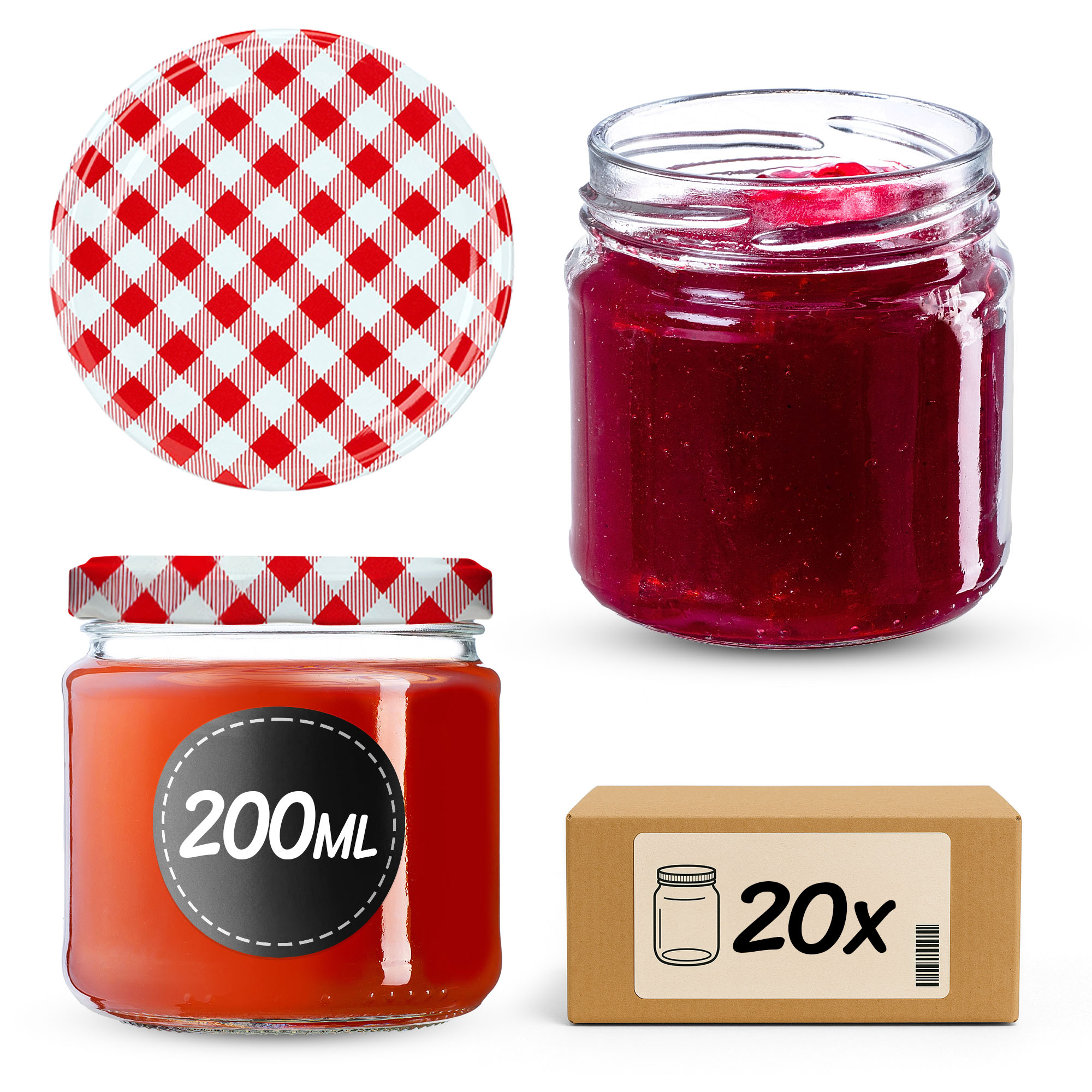 Słoiki na przetwory Lerma 200ml 20szt 66mm + wieczka "Czerwona krata'