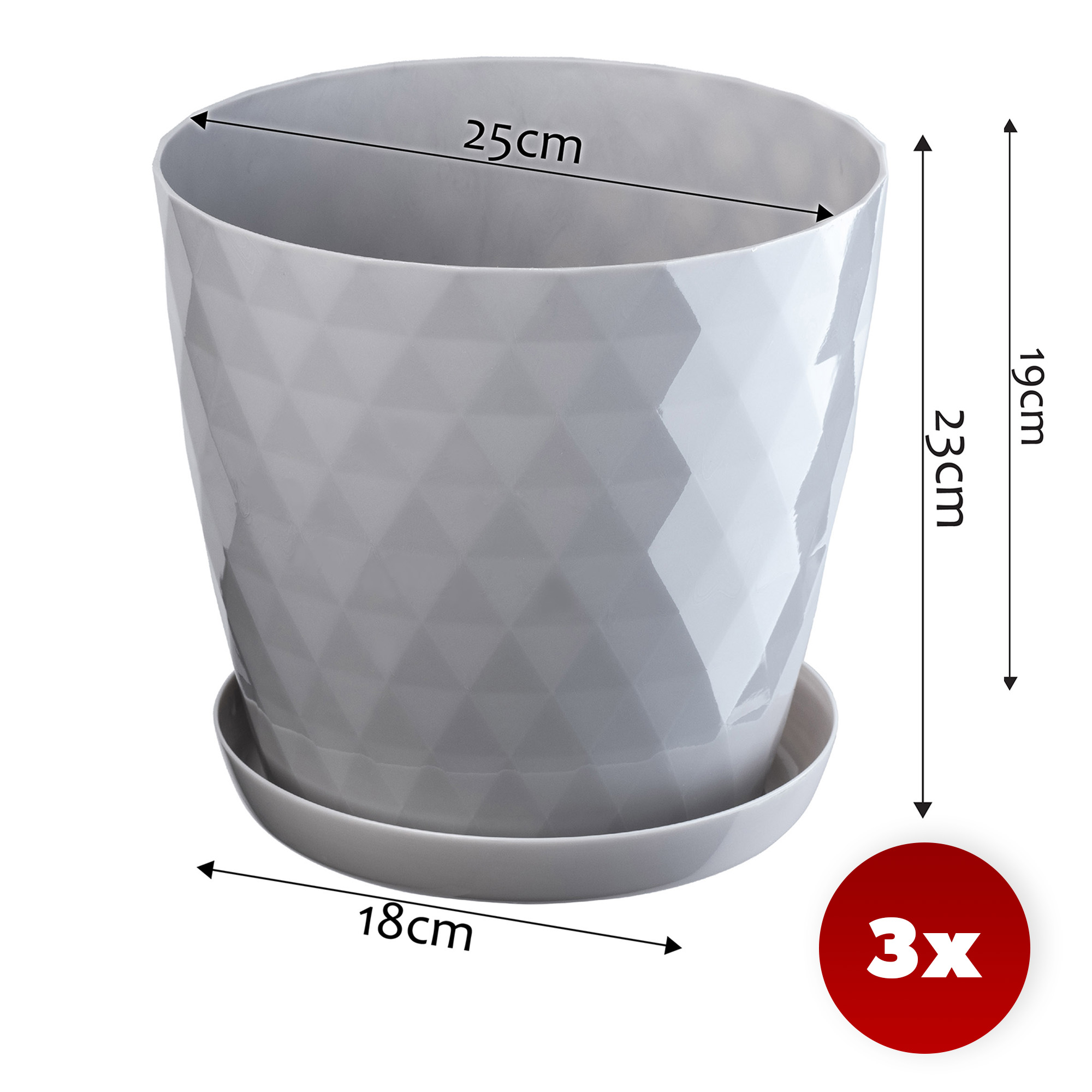Doniczka na kwiaty z podstawką szara Amily 25 cm, 3 szt.
