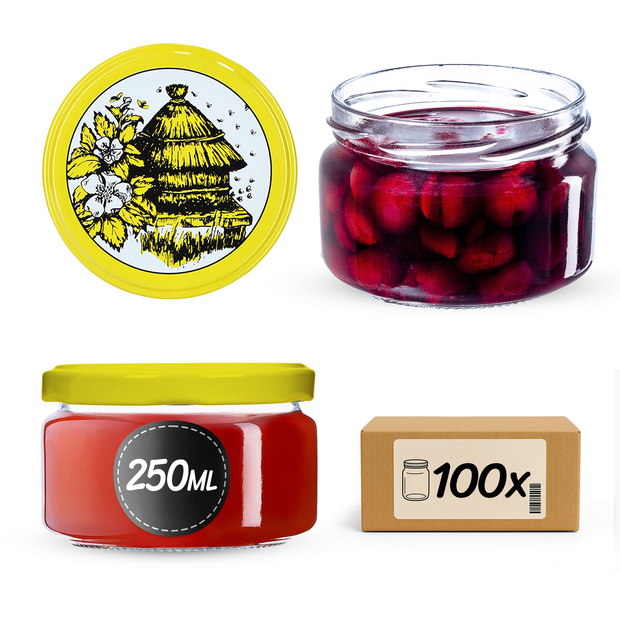 Słoiki na przetwory Denia 250ml 100szt 82mm + wieczko "Pszczoły"