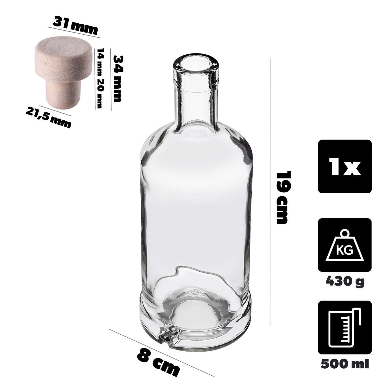 Szklana butelka na alkohole Tadek 500ml z korkiem syntetycznym 1 szt.