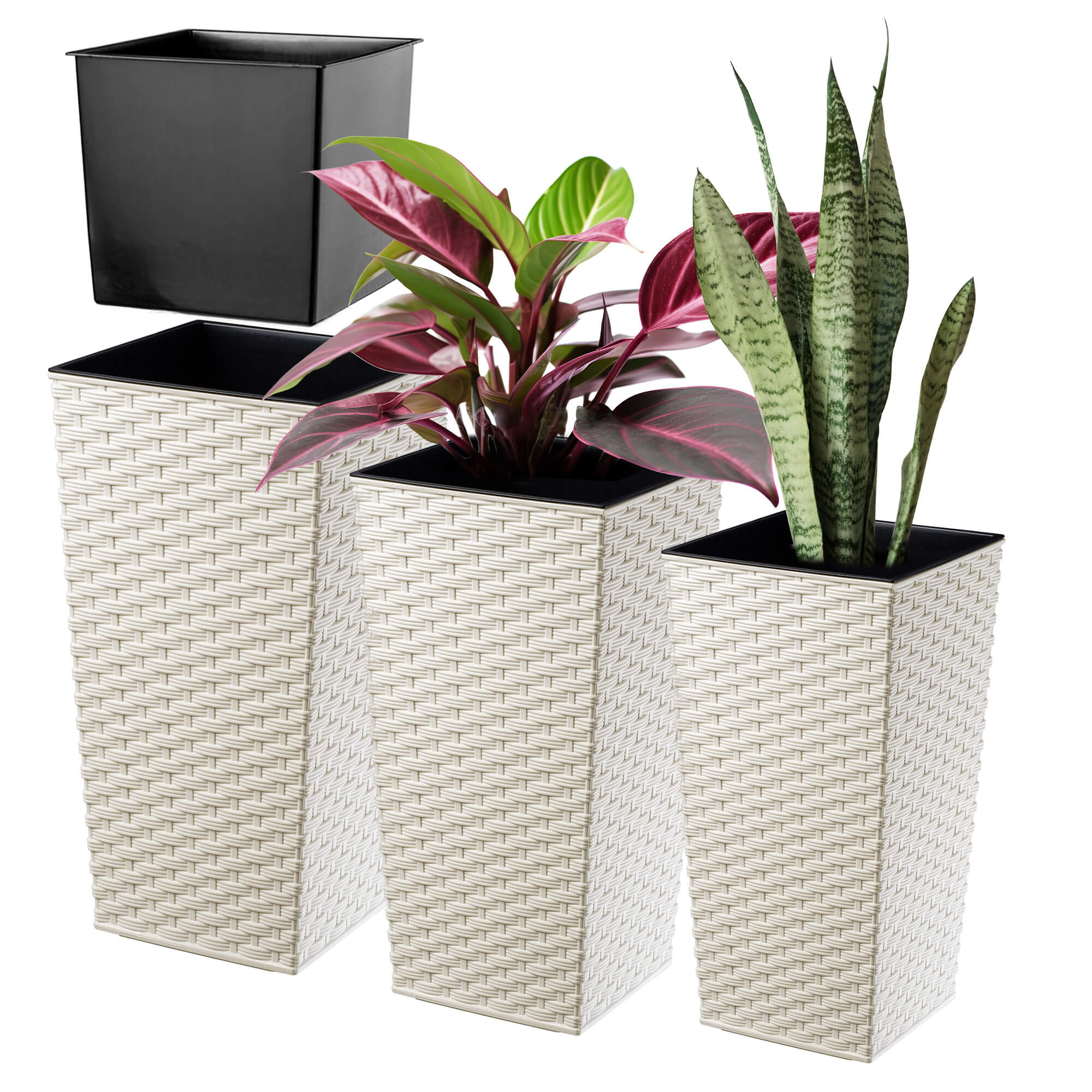 Donice na kwiaty z wkładem Pesaro rattan 19 cm + 25 cm + 30 cm, kremowe