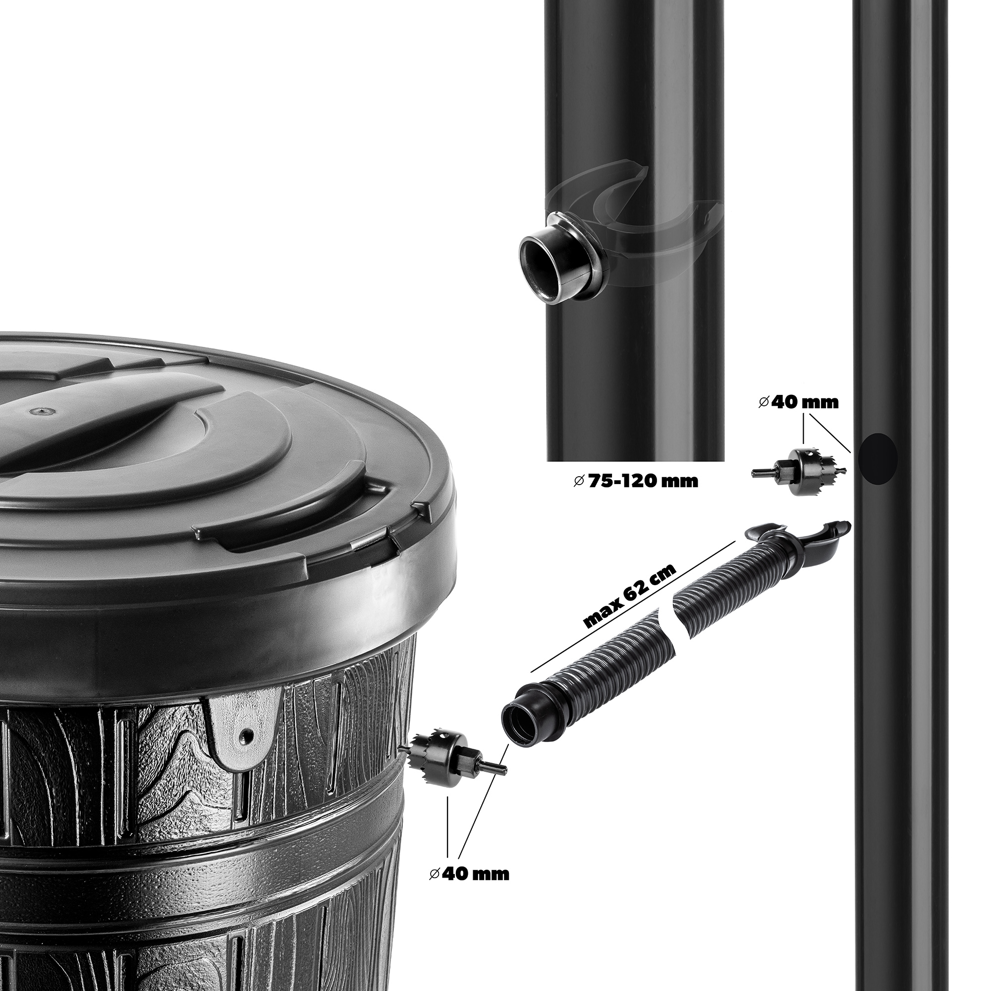 Zbiornik na deszczówkę Onigo 265L z zestawem przyłączeniowym i podstawką