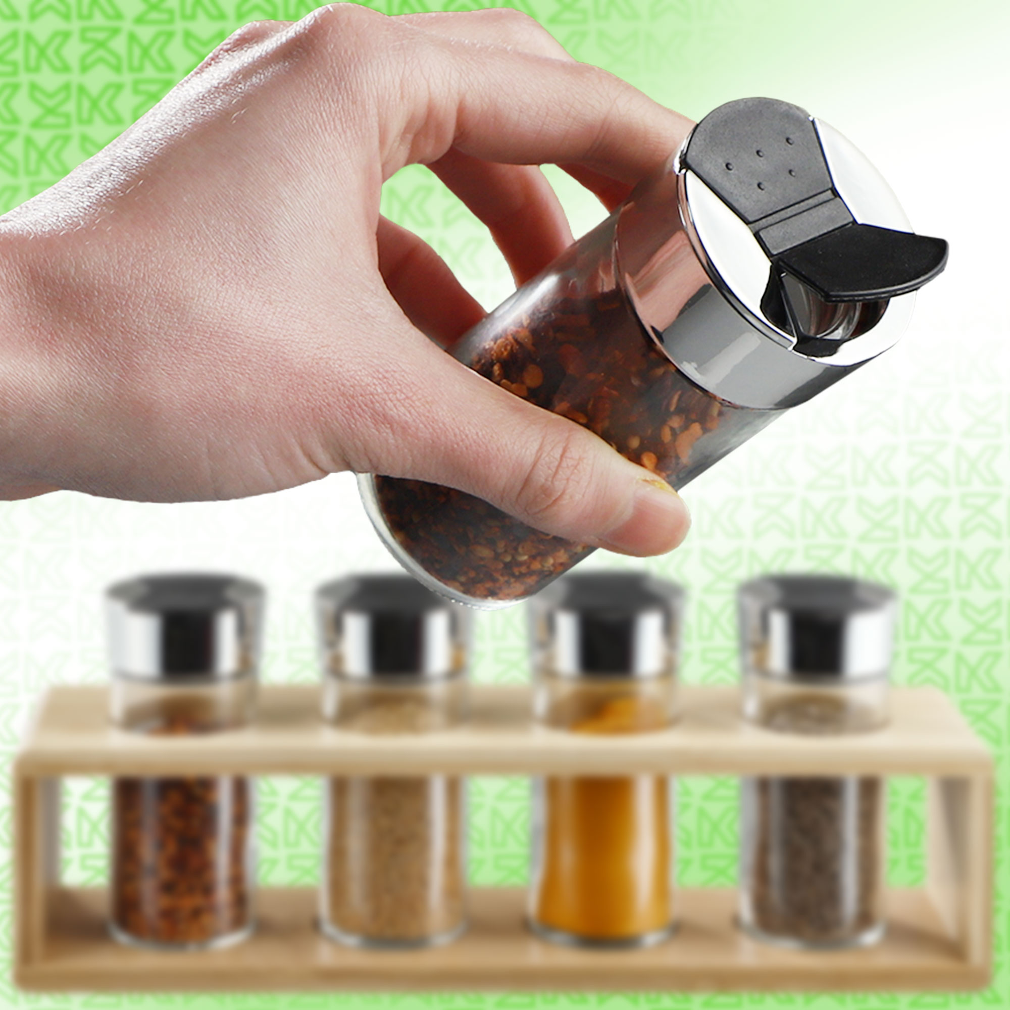 Komplet przyprawników z bambusową podstawką 4 szt.