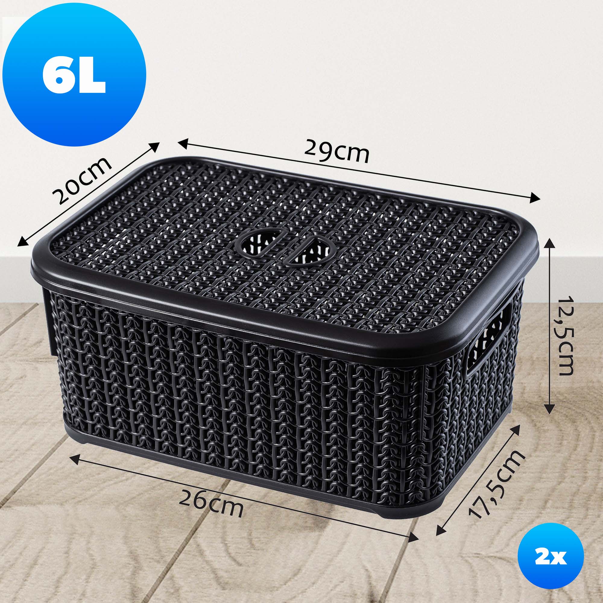 Koszyk prostokątny z pokrywą Molini 6L czarny, 2 szt.