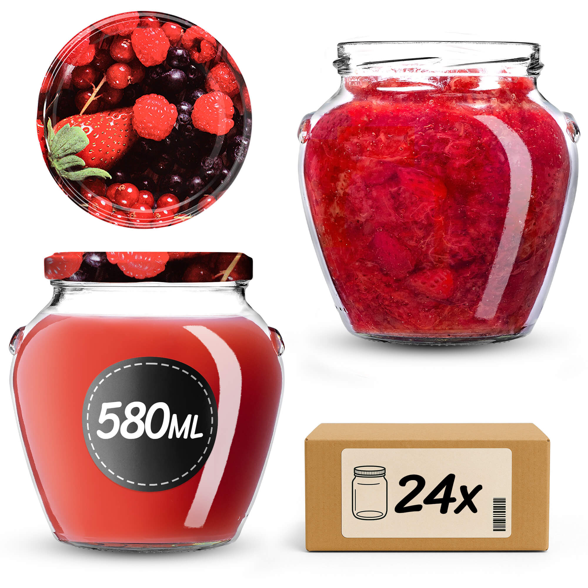Słoiki na przetwory Sassa 580ml 24szt 82mm + wieczka "Owoce leśne"