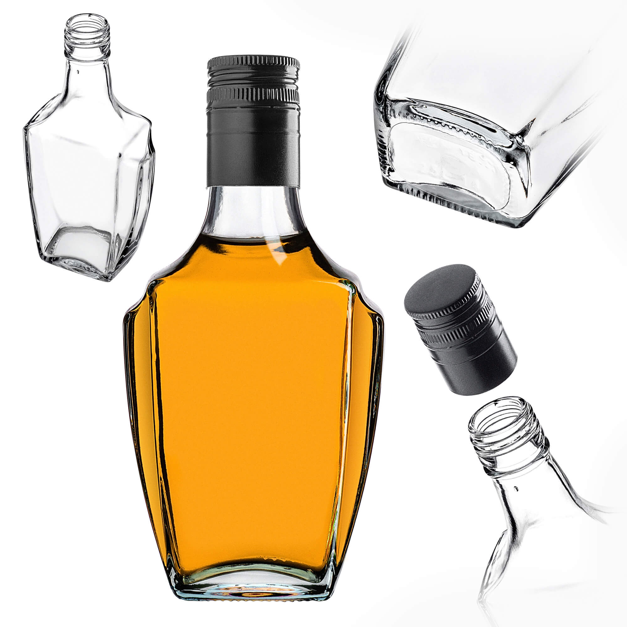 Szklana butelka na nalewkę Faenza 250ml z długą czarną zakrętką 1 szt.