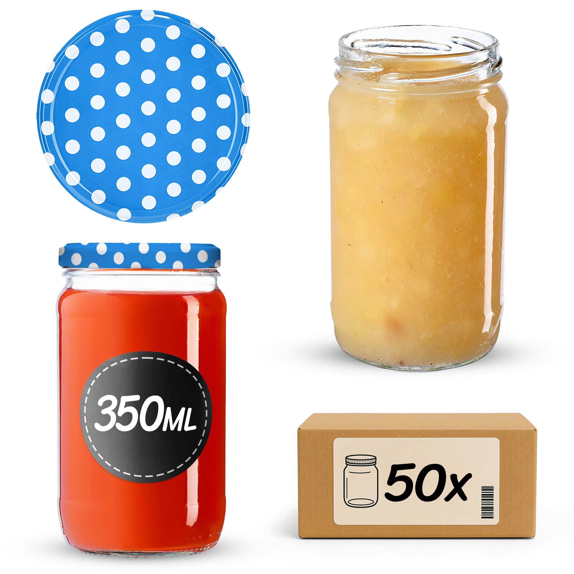 Słoiki na przetwory Gera 350ml fi66mm 50szt + wieczko Groszek niebieski
