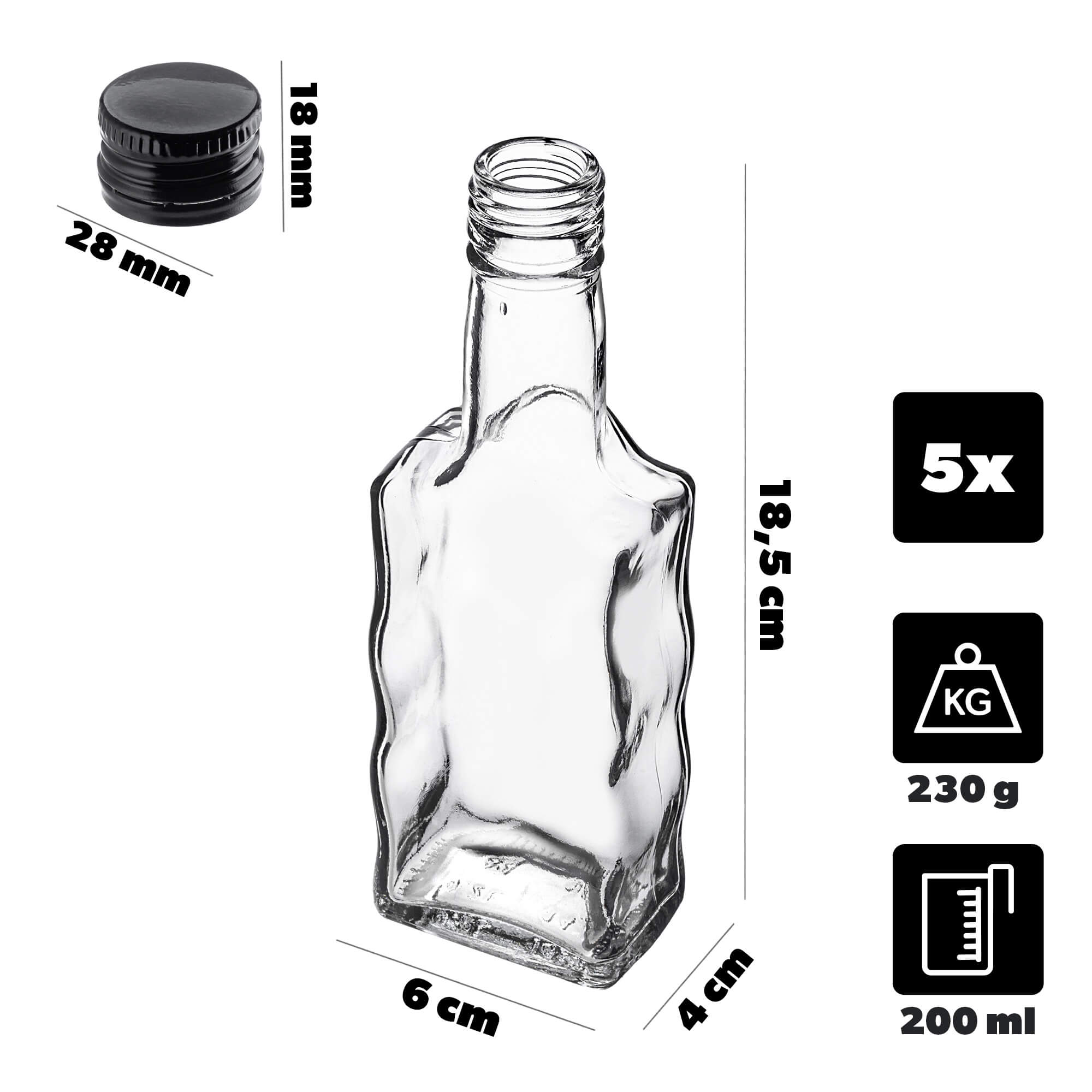 Szklana butelka na nalewkę Fala 200ml z czarną zakrętką 5 szt.