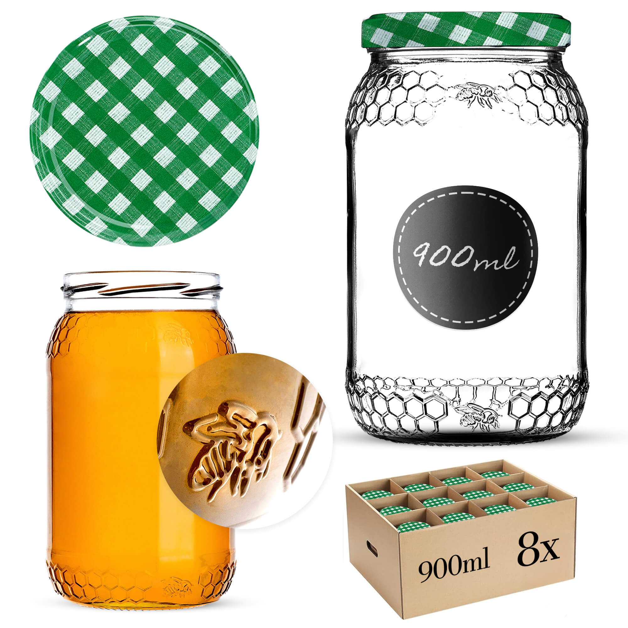 Szklany słój Lierde 900ml 82mm 8 szt. + wieczka "Zielona krata"