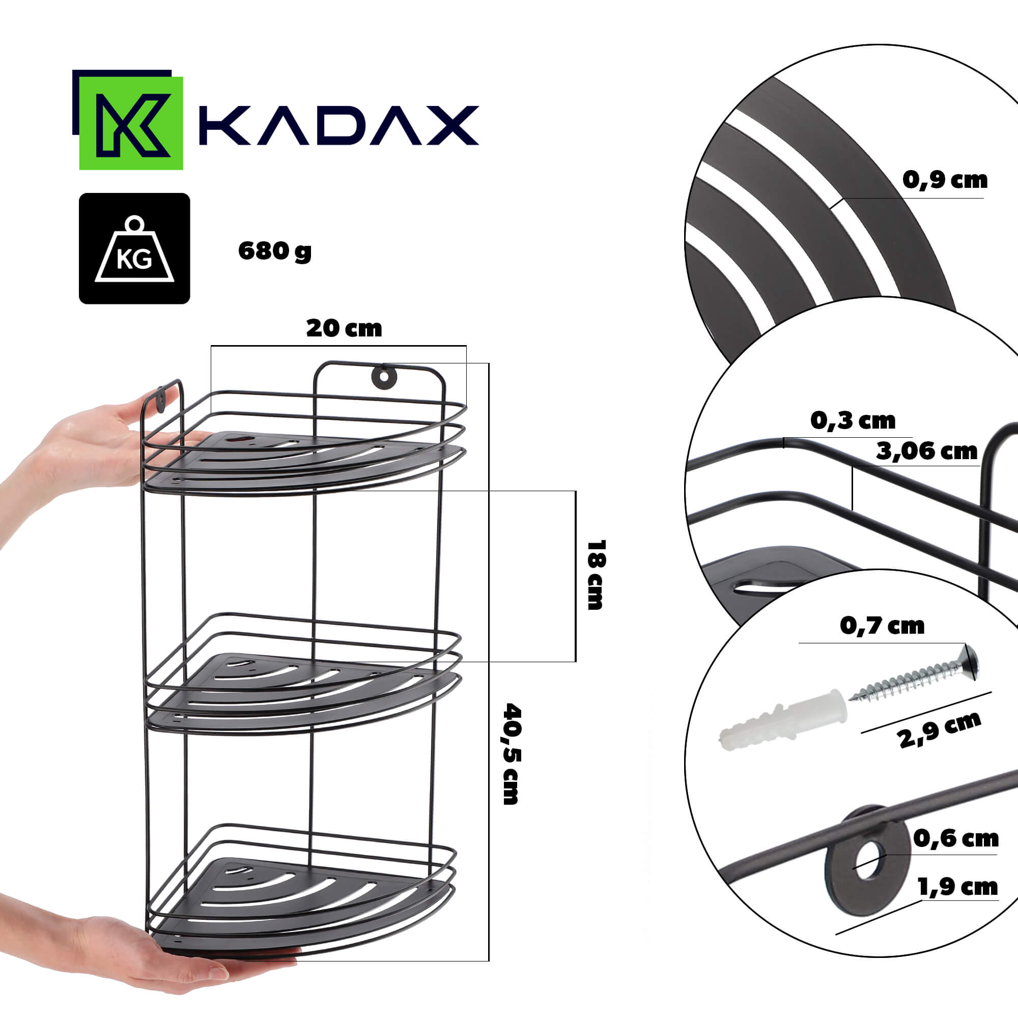 Półka łazienkowa narożna 40 x 20 cm, 3-poziomowa