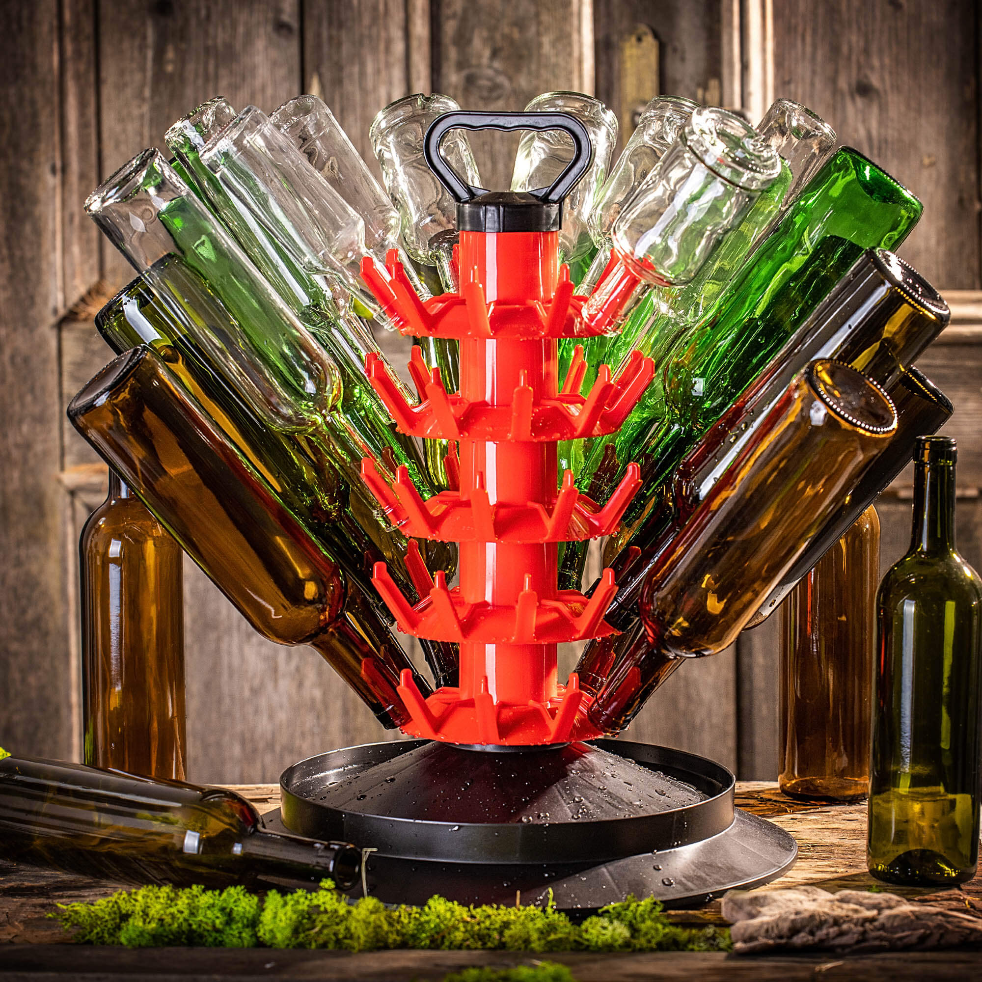 Suszarka ociekacz do butelek Nusco na 50 sztuk z uchwytem czerwony