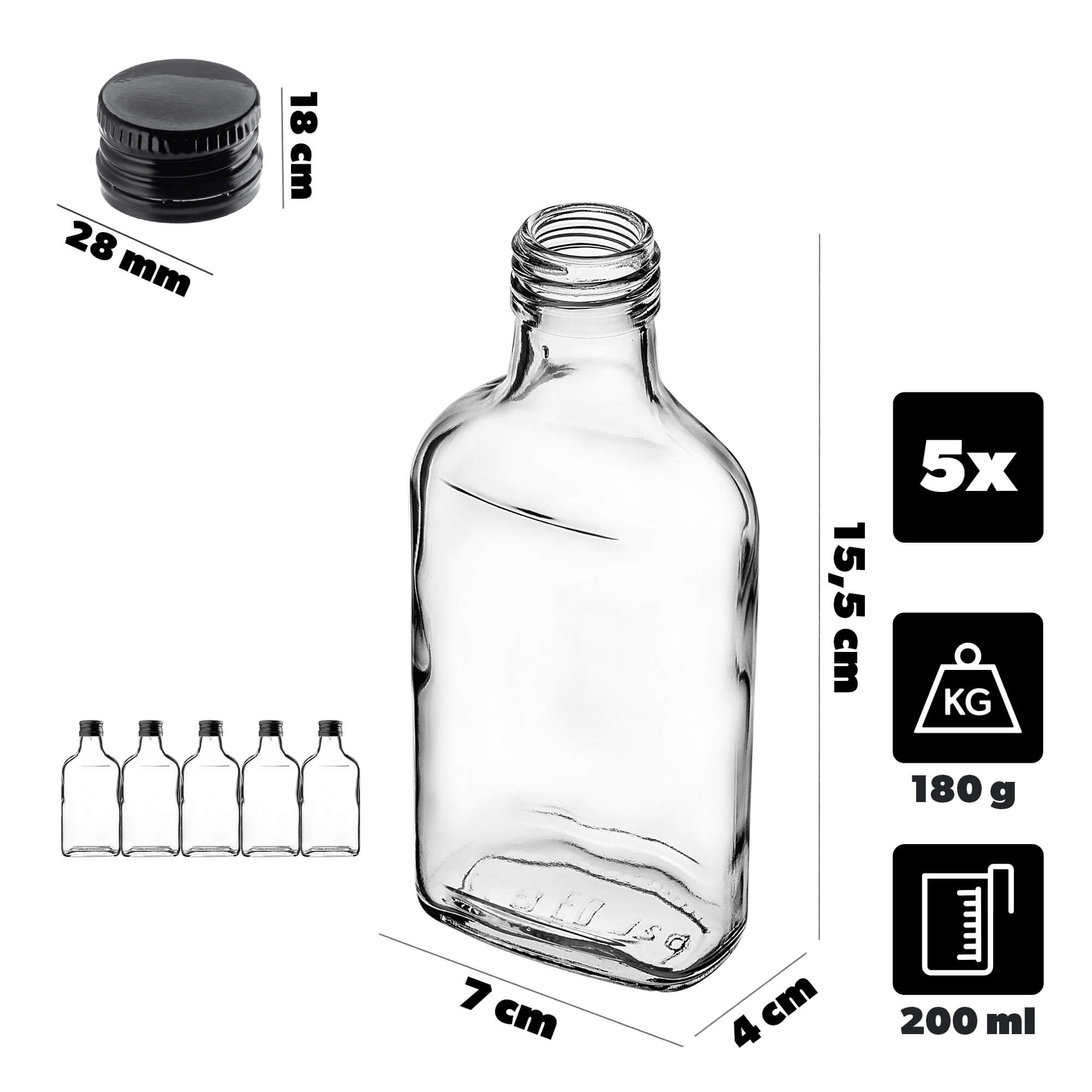 Butelka piersiówka Viane 200ml z czarną zakrętką 5 szt.