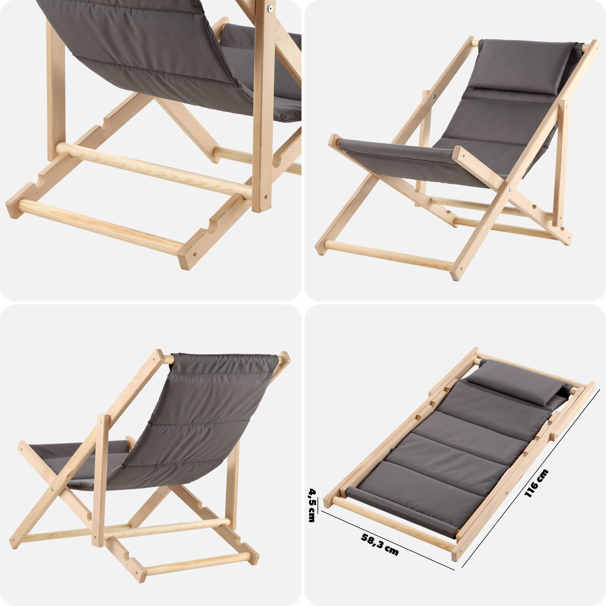 Leżak plażowy z poduszką Troia, szary