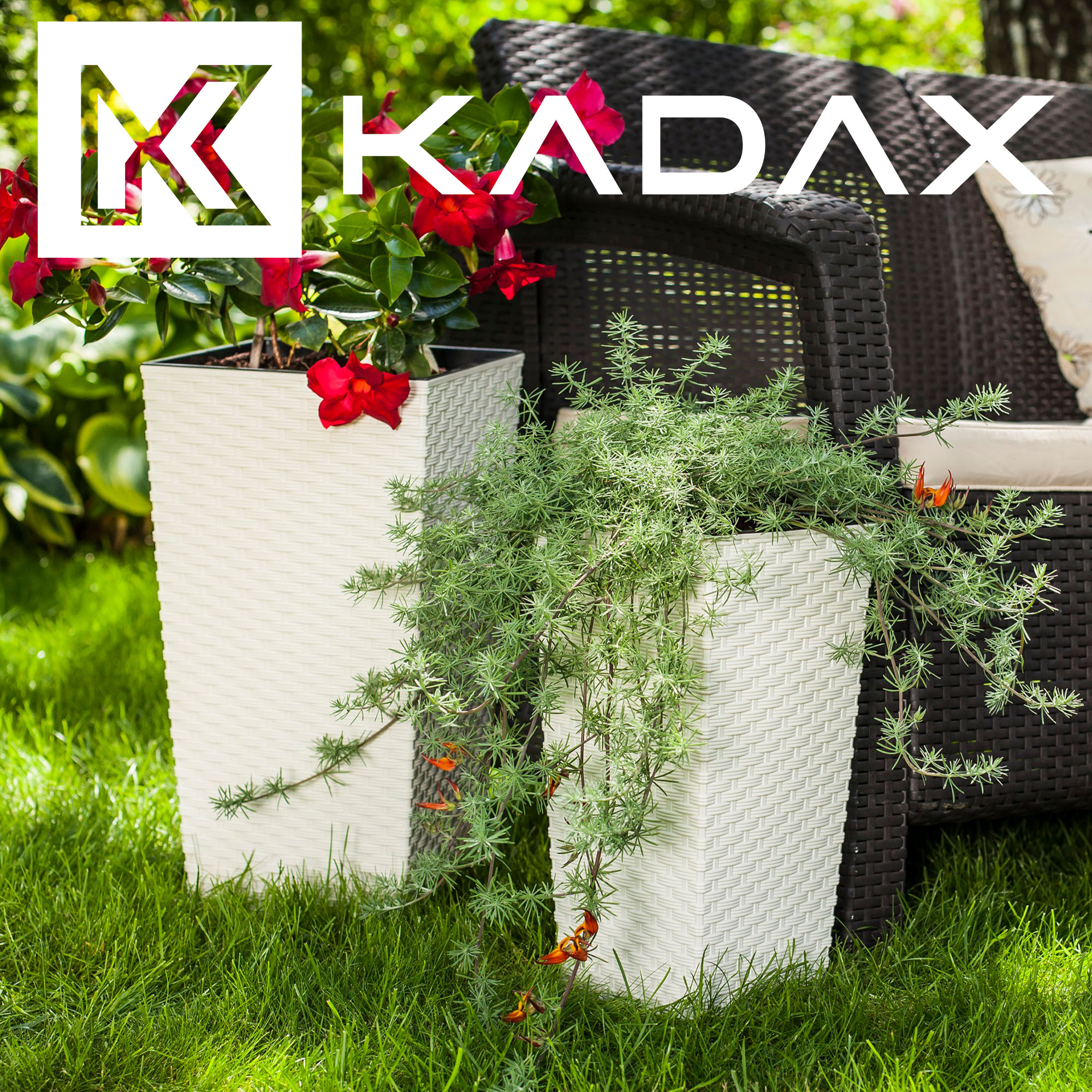 Donice na kwiaty z wkładem Pesaro rattan 30 cm +35 cm + 40 cm, białe