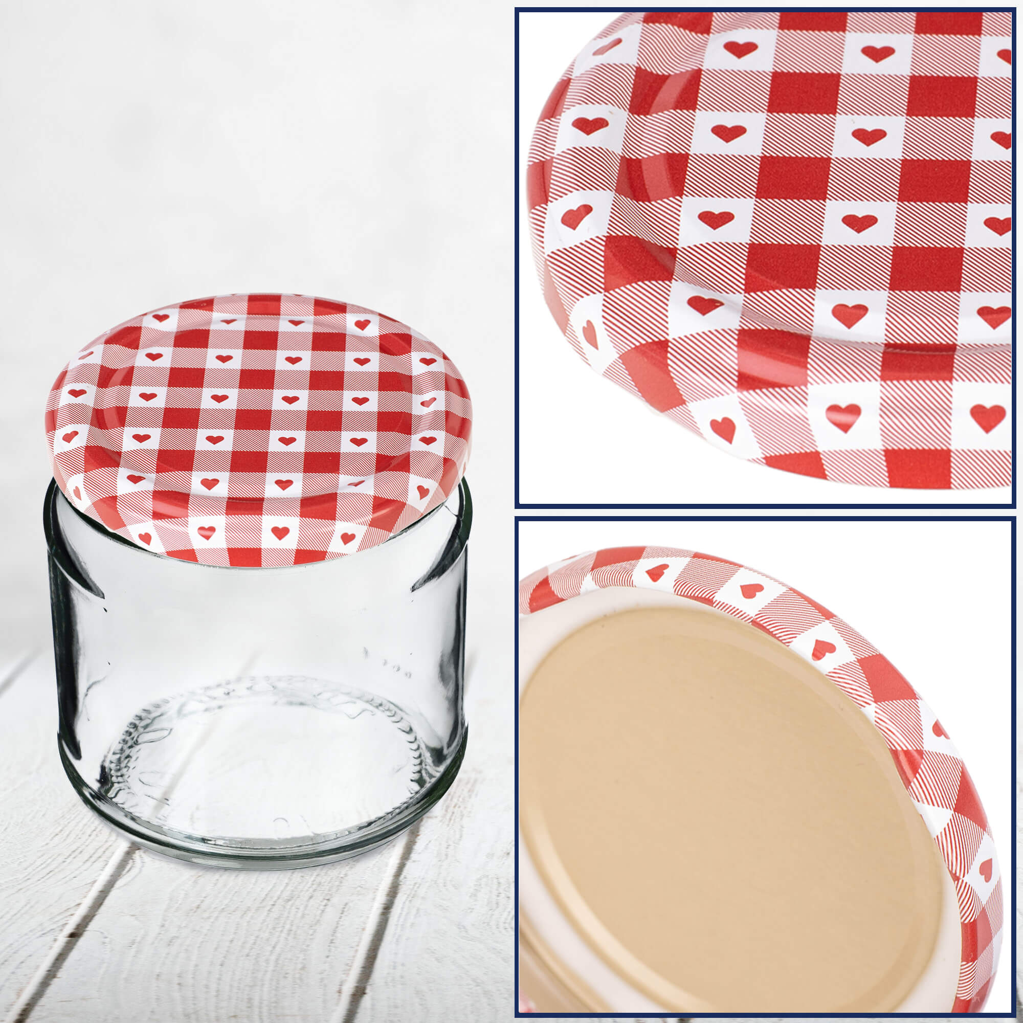 Metalowe wieczka do słoików Valsta 50szt fi 66mm "Czerwona krata z sercami"