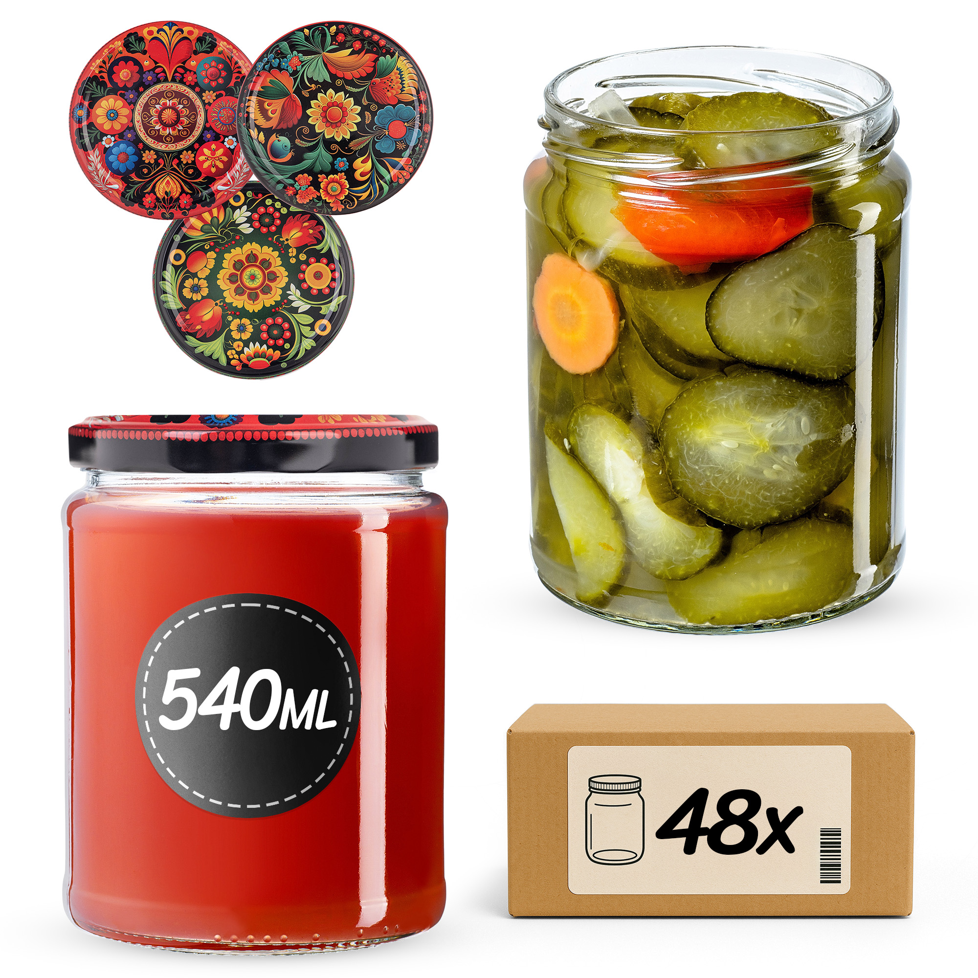 Słoiki na przetwory Maki 540ml fi82mm 48szt + wieczko Haftowanka