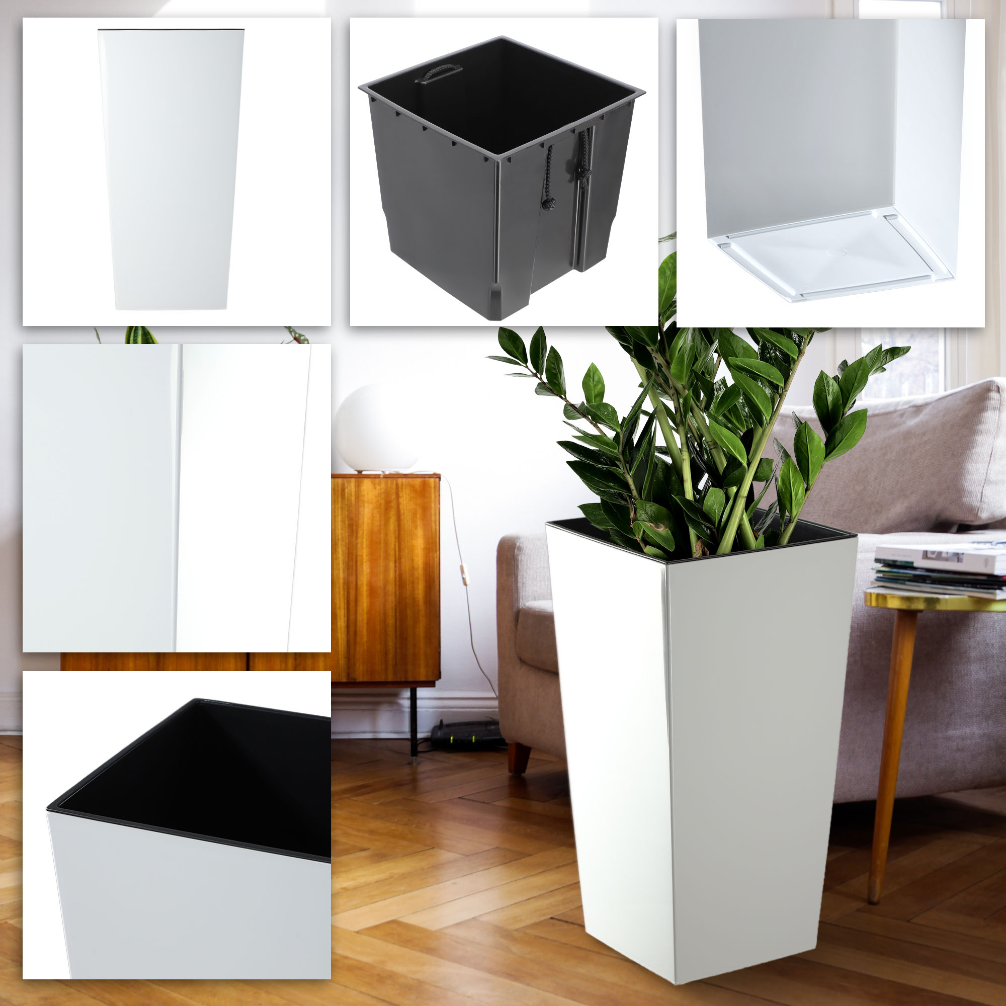 Donice na kwiaty z wkładem Masiera 19 cm + 25 cm + 30 cm, białe