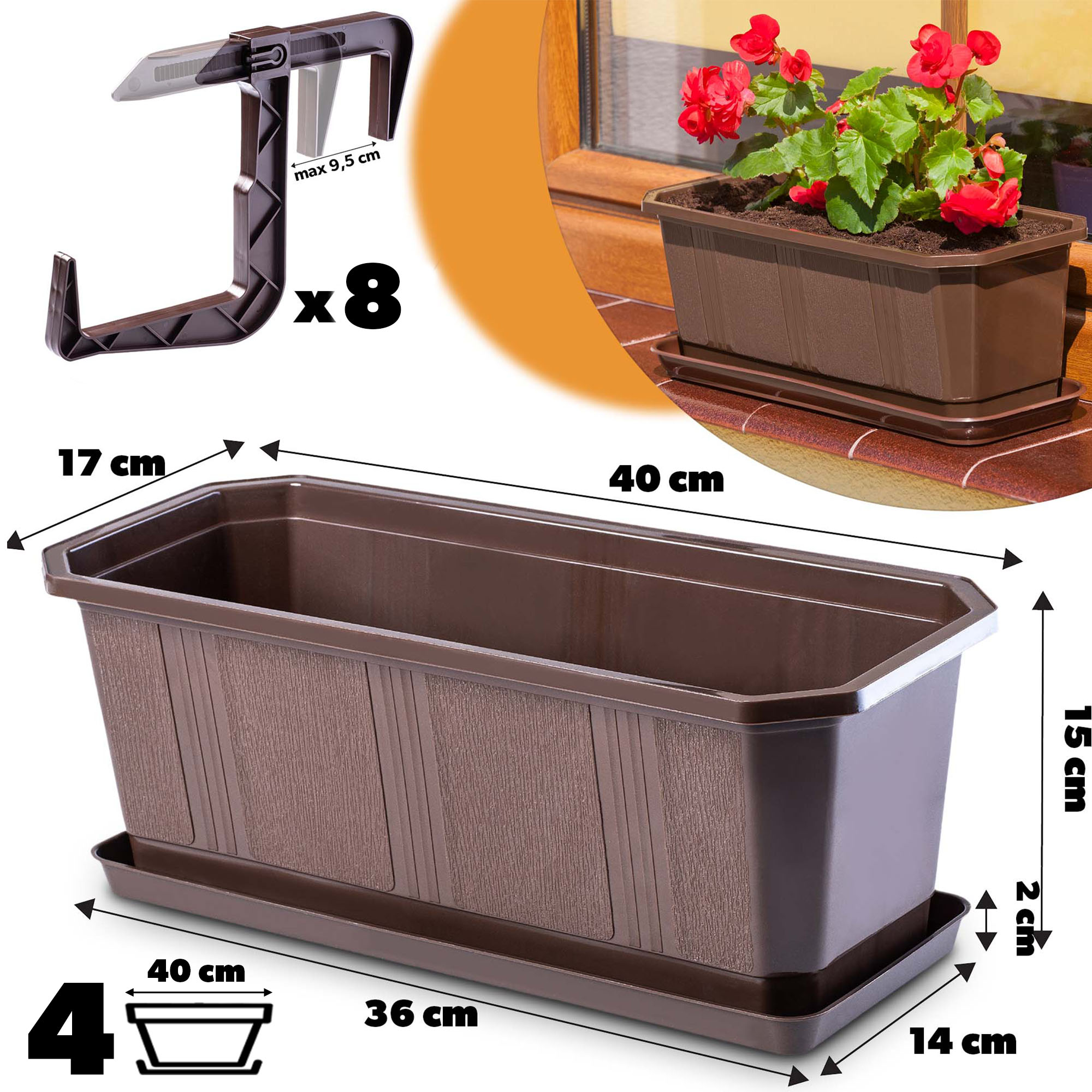 Doniczka balkonowa z uchwytami brązowa Oste 40 cm, 4 szt.
