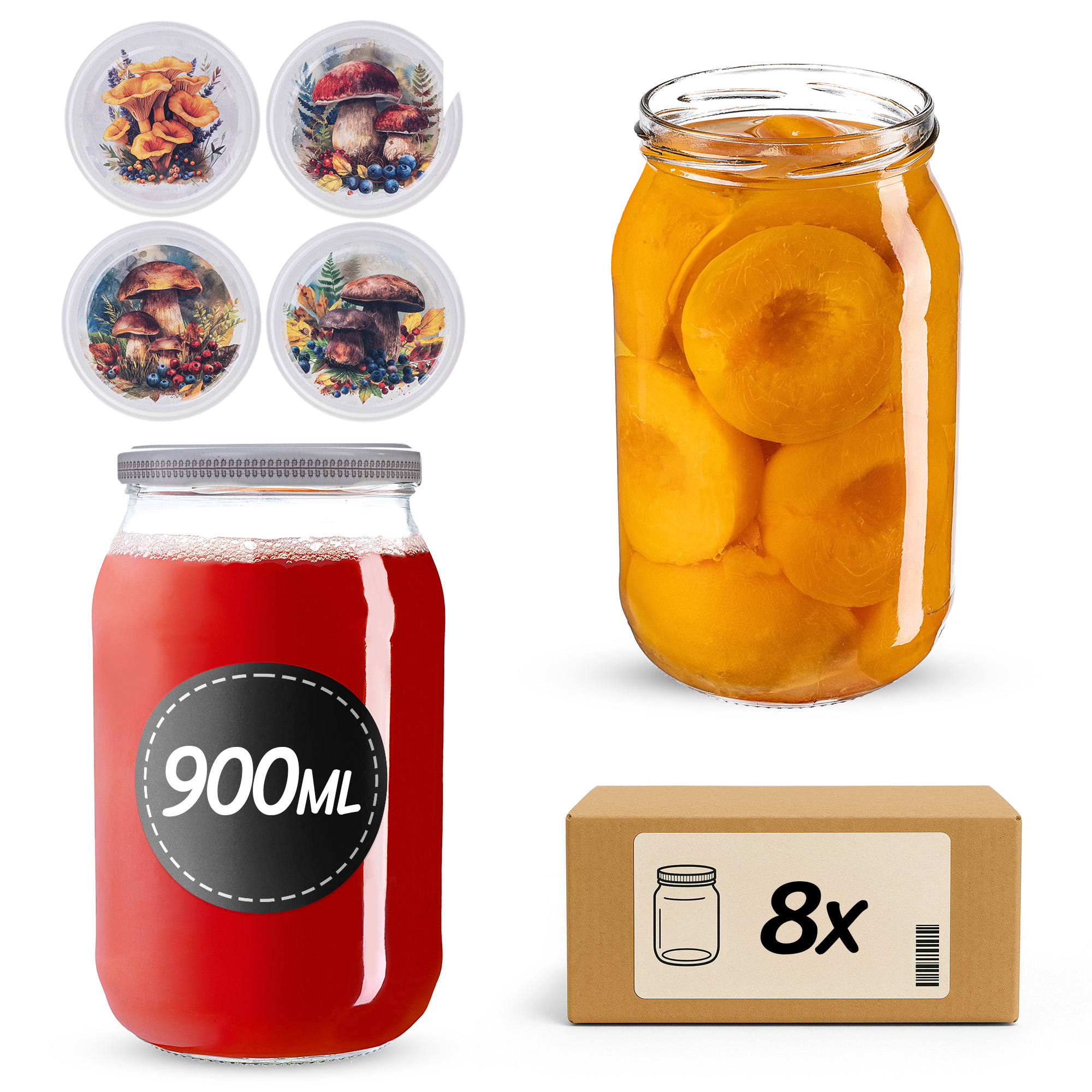 Słoiki na przetwory Simo 900ml fi82mm 8szt + wieczko Grzyb akwarela
