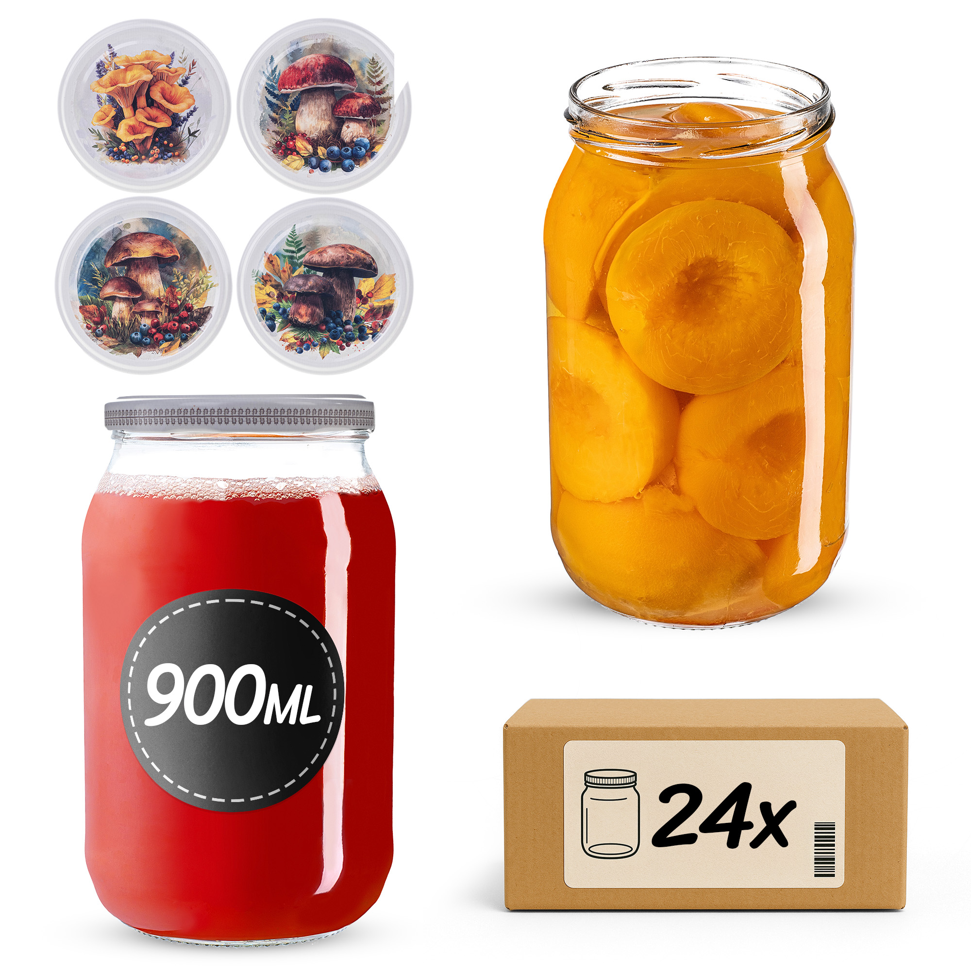 Słoiki na przetwory Simo 900ml fi82mm 24szt + wieczko Grzyb akwarela