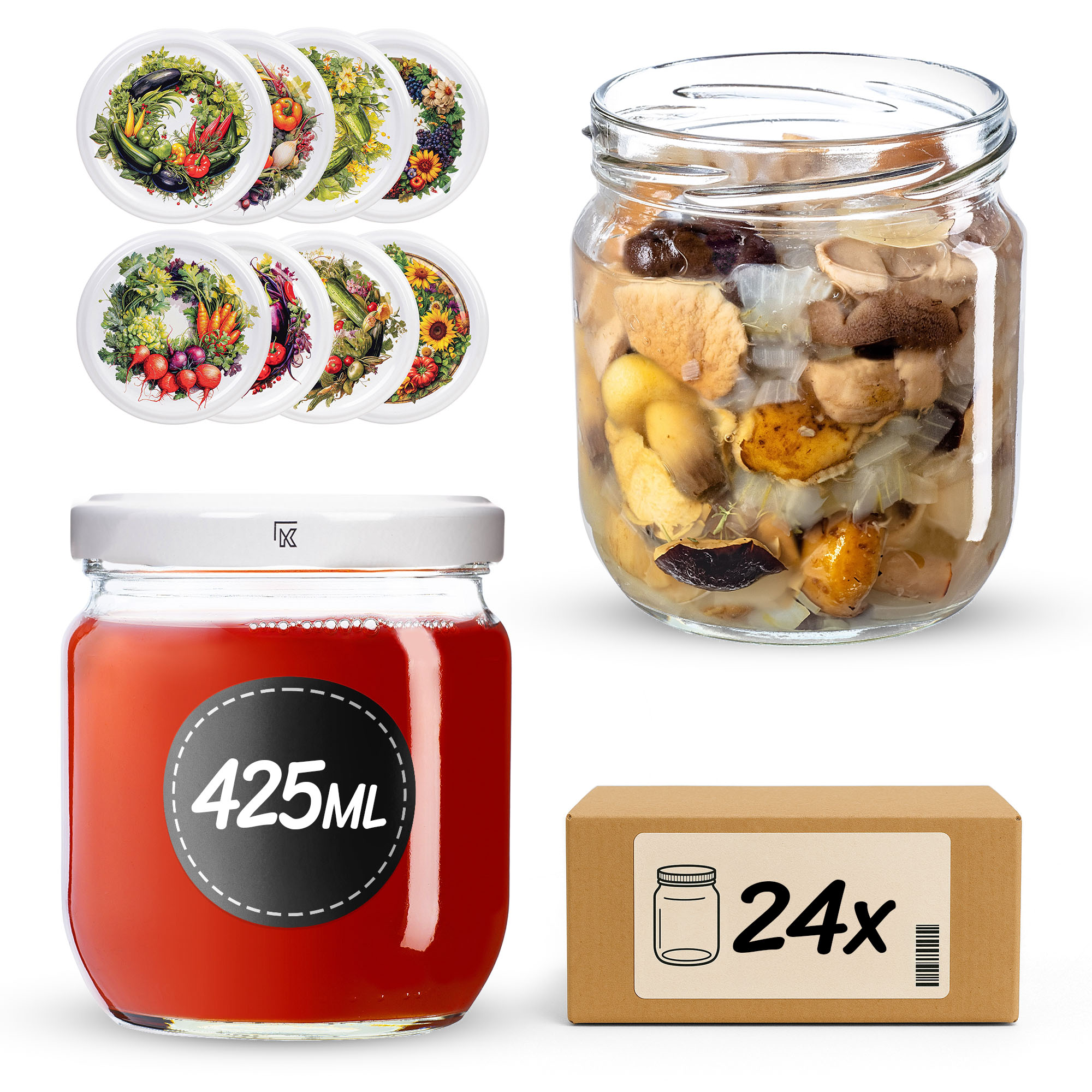 Słoiki na przetwory Salla 425ml fi82mm 24szt + wieczko Garden wreath