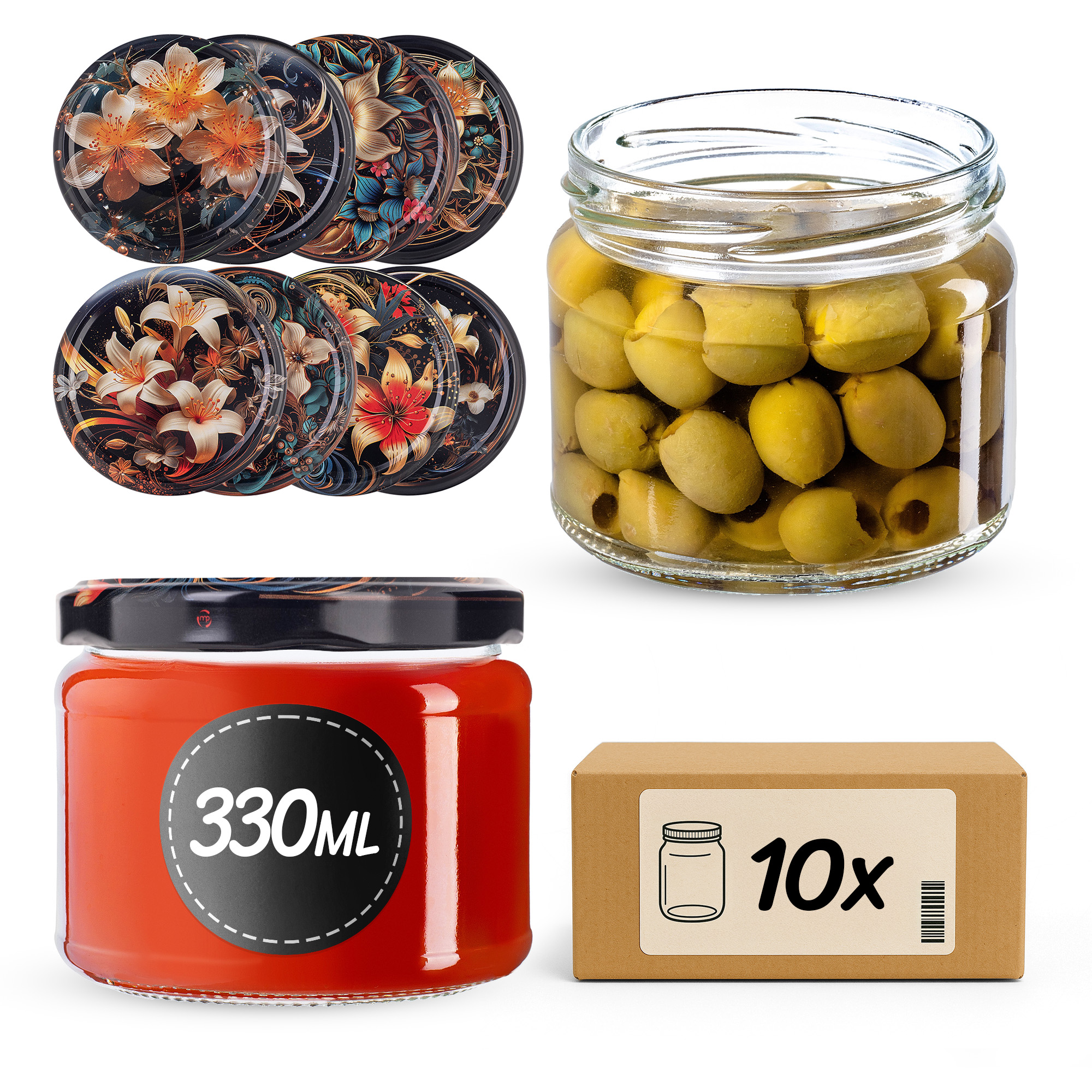 Słoiki na przetwory Sonka 330ml fi82mm 10szt + wieczko Kwiaty