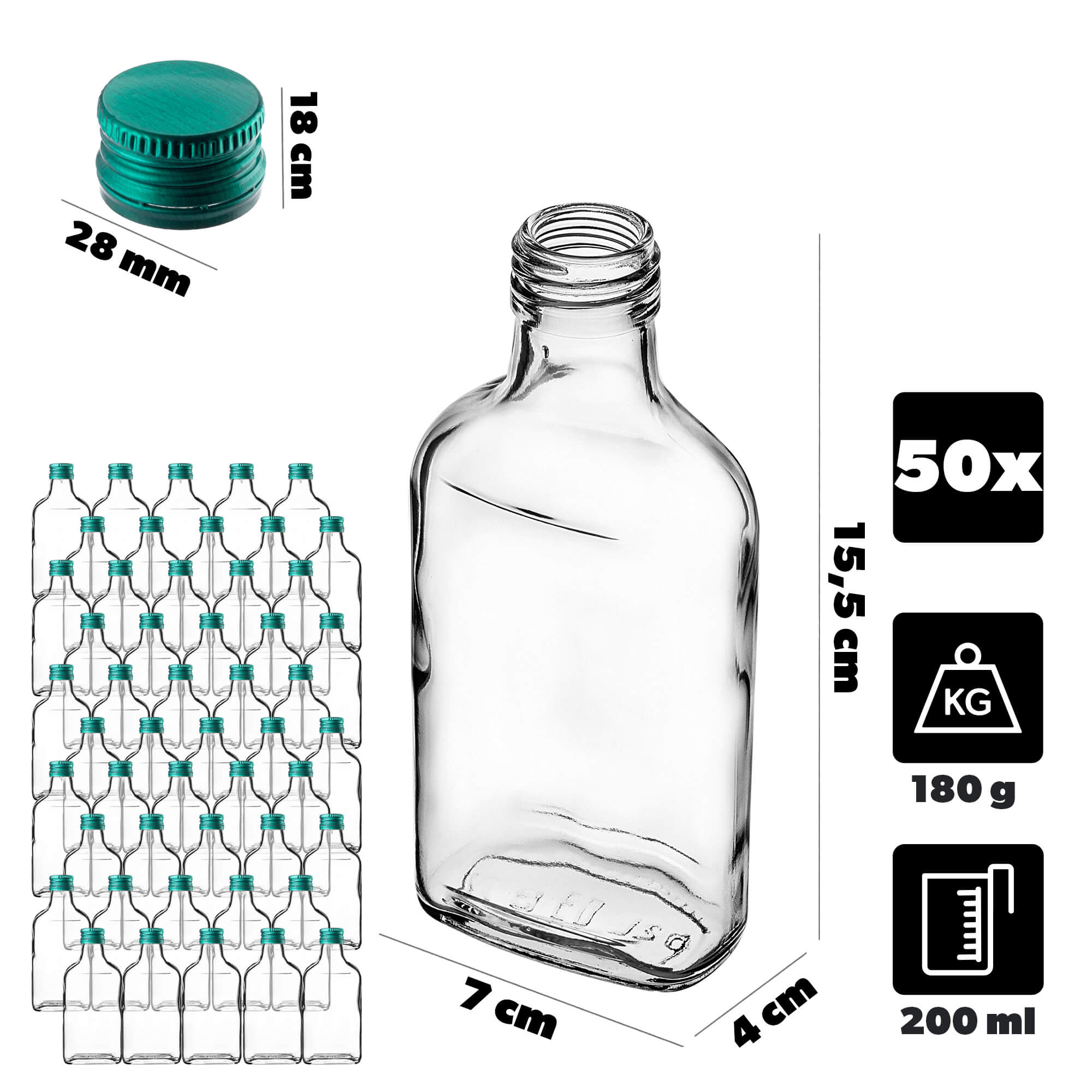 Butelka piersiówka Viane 200ml z zieloną zakrętką 50 szt.