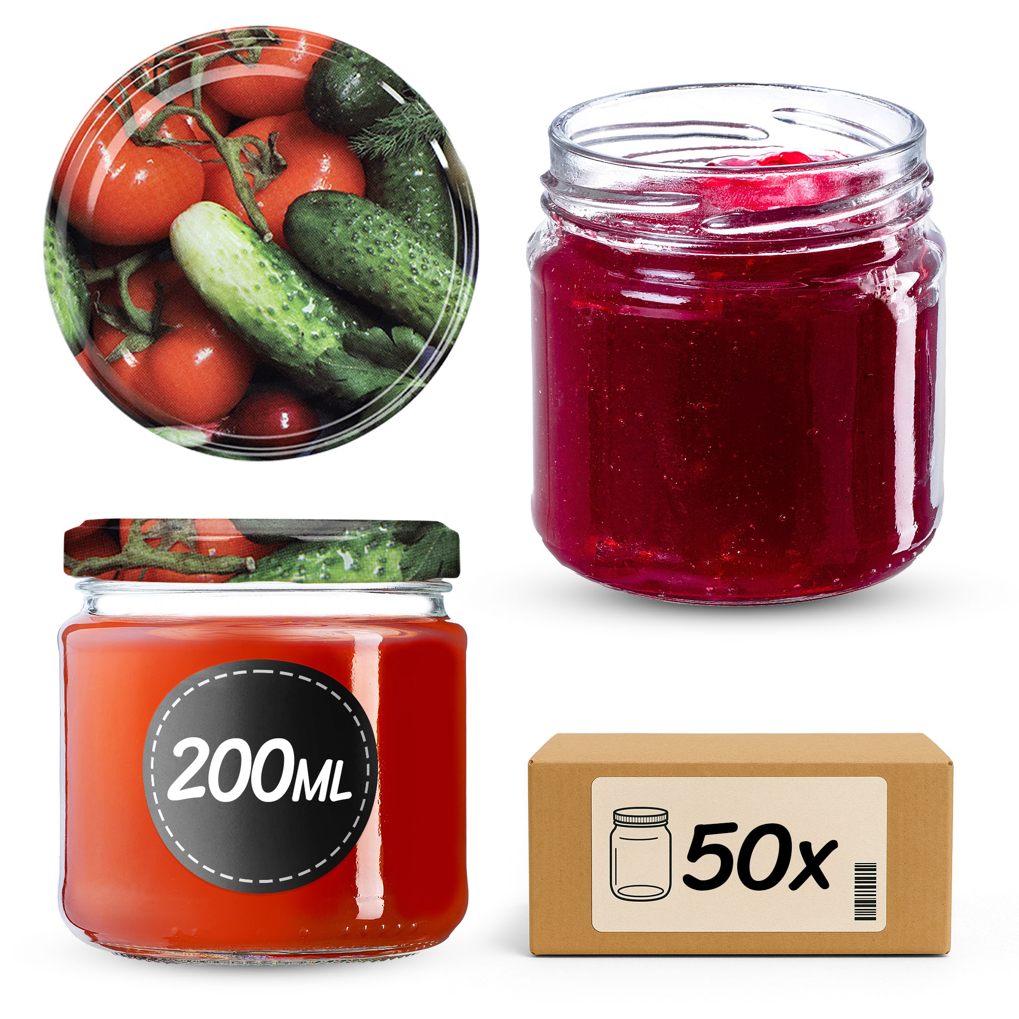 Słoiki na przetwory Lerma 200ml 50szt 66mm + wieczka "Warzywa"