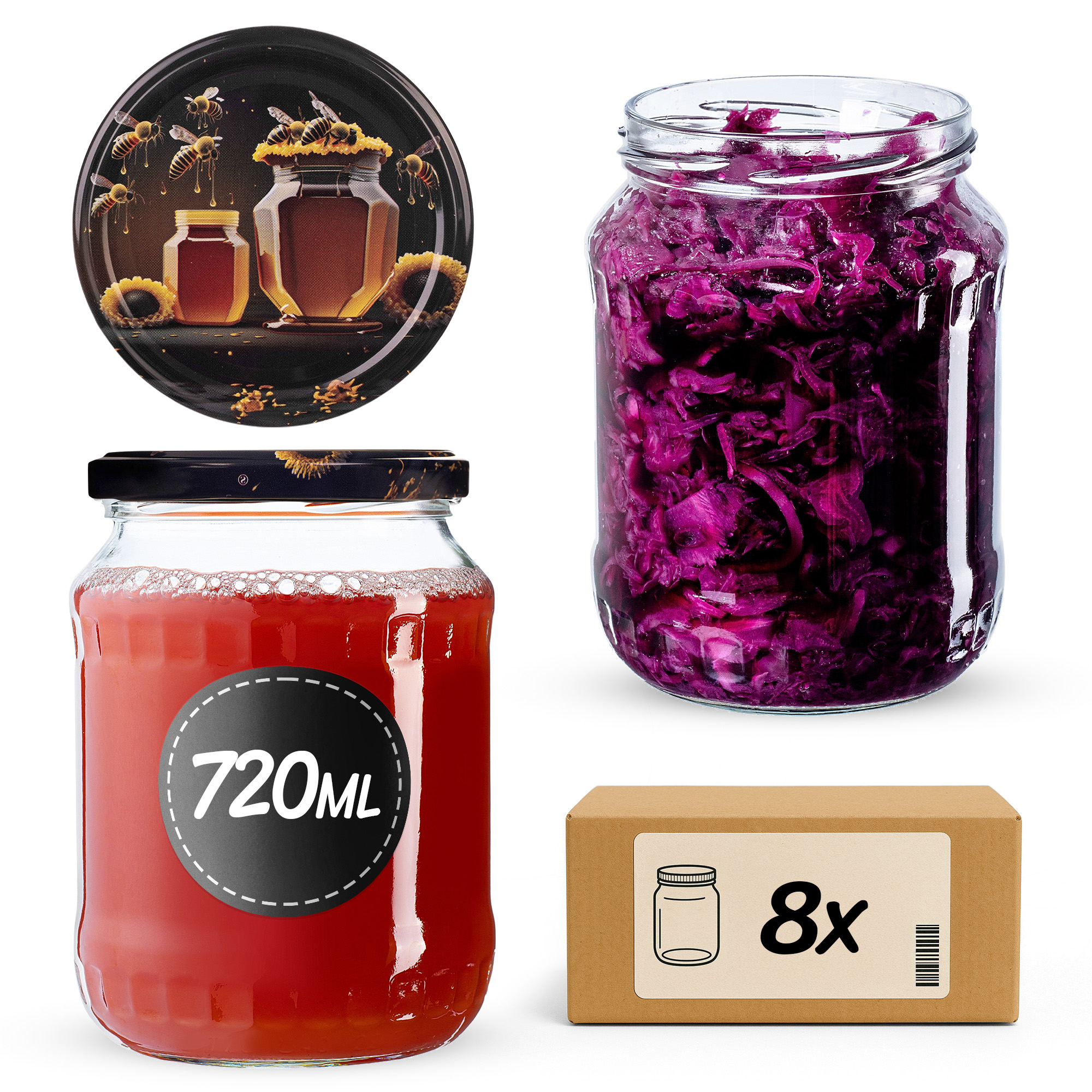 Słoiki na przetwory Jukka 720ml fi82mm 8szt + wieczko Miód czarny
