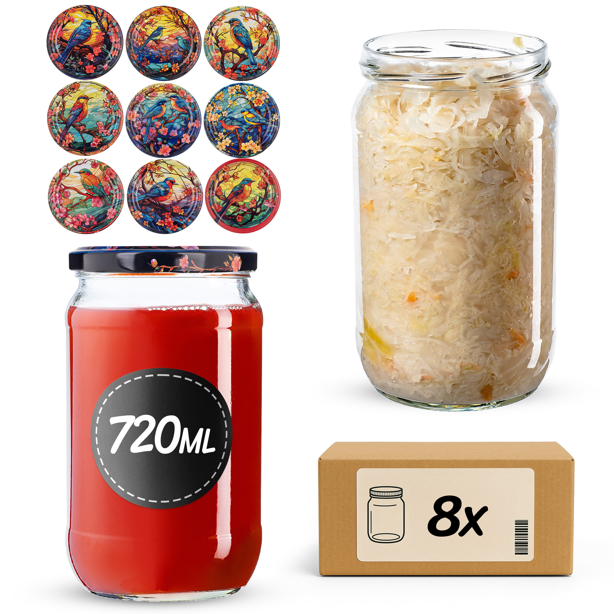 Słoiki na przetwory Niva 720ml fi82mm 8szt + wieczko Ptaki