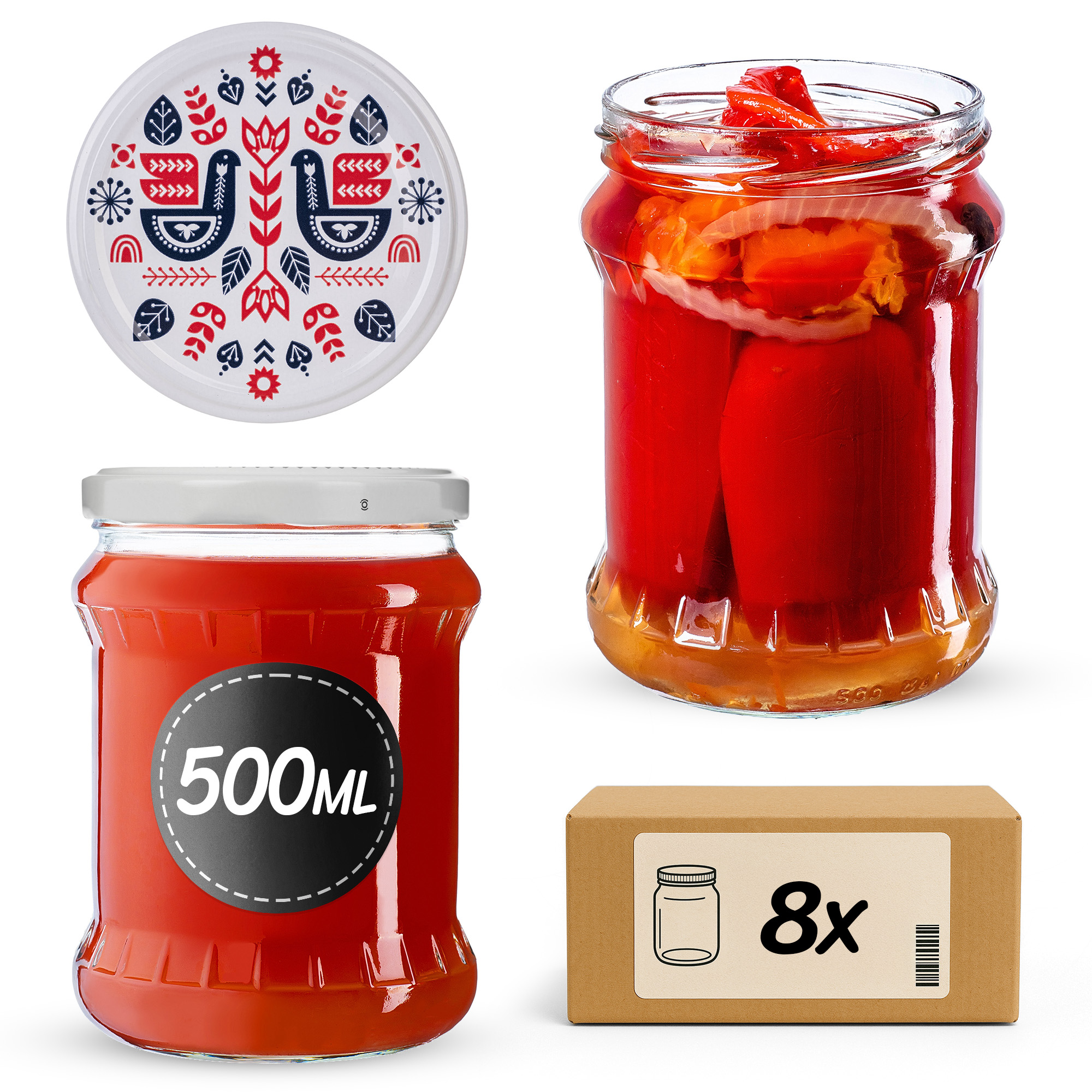 Słoiki na przetwory Kisko 500ml fi82mm 8szt + wieczko Kurpie