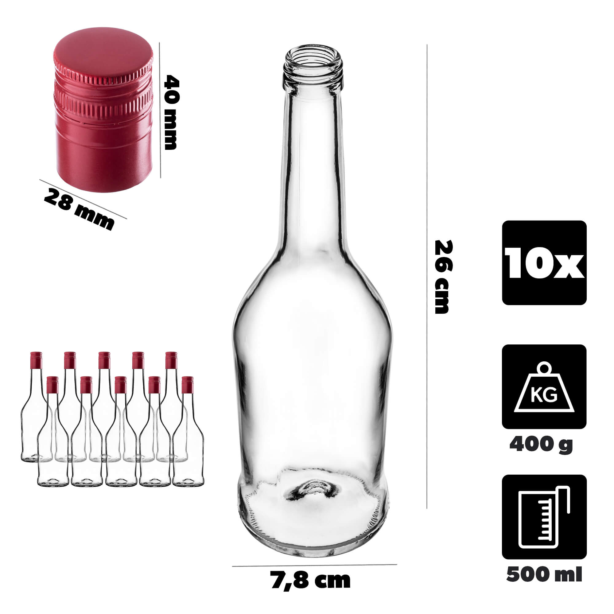 Szklana butelka na nalewkę Loiret 500ml z długą czerwoną zakrętką 10 szt.