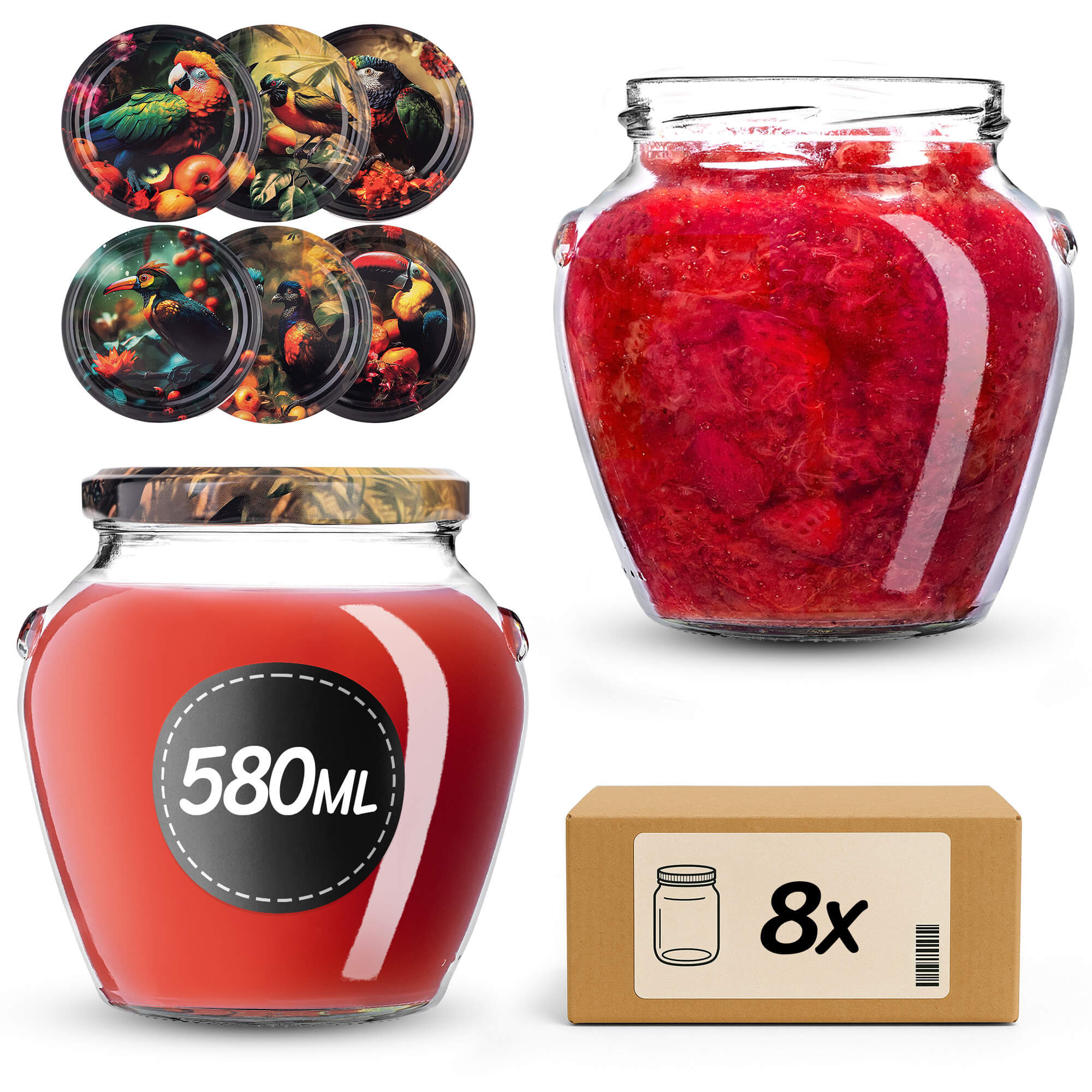 Słoiki na przetwory Sassa 580ml 8szt 82mm + wieczka "Ptaki"