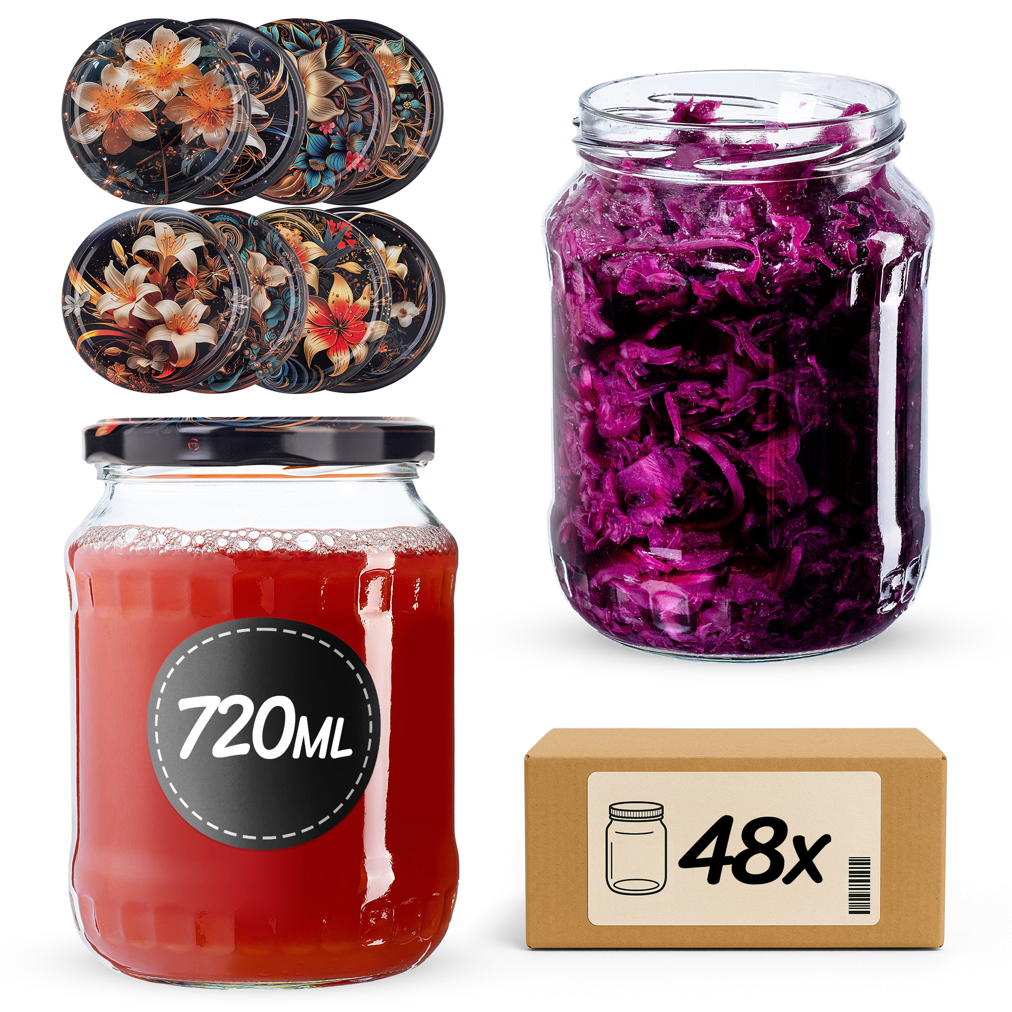 Słoiki na przetwory Jukka 720ml fi82mm 48szt + wieczko Kwiaty