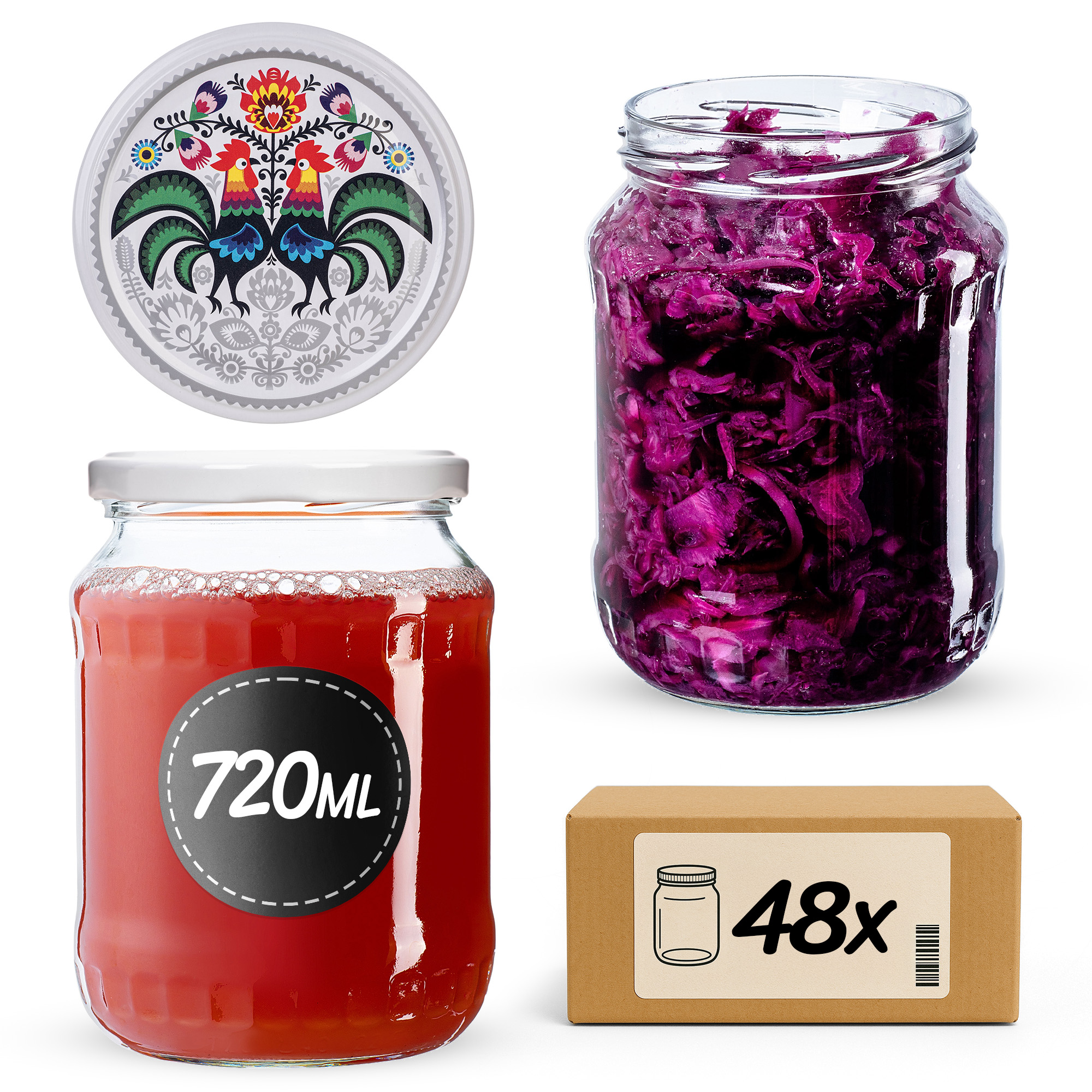 Słoiki na przetwory Jukka 720ml fi82mm 48szt + wieczko Kogut
