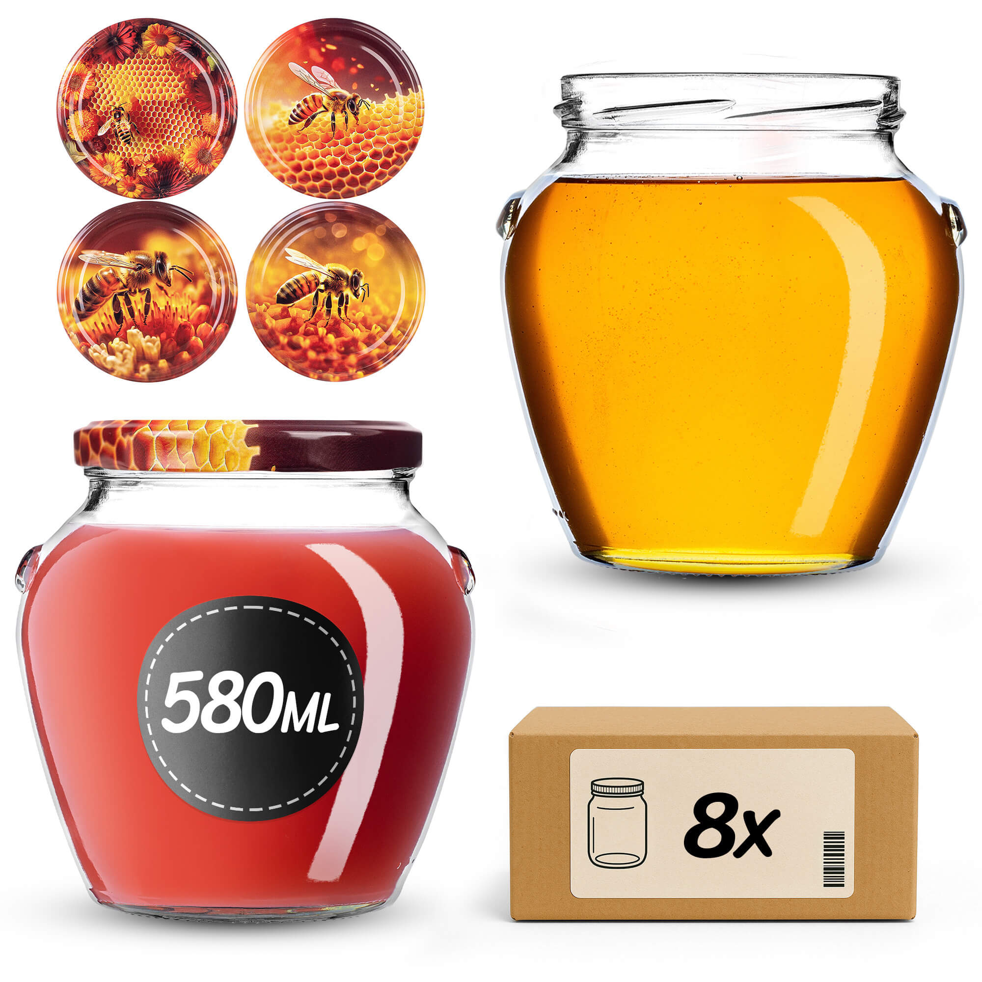 Słoiki na przetwory Sassa 580ml 8szt 82mm + wieczka "Mix pszczół"