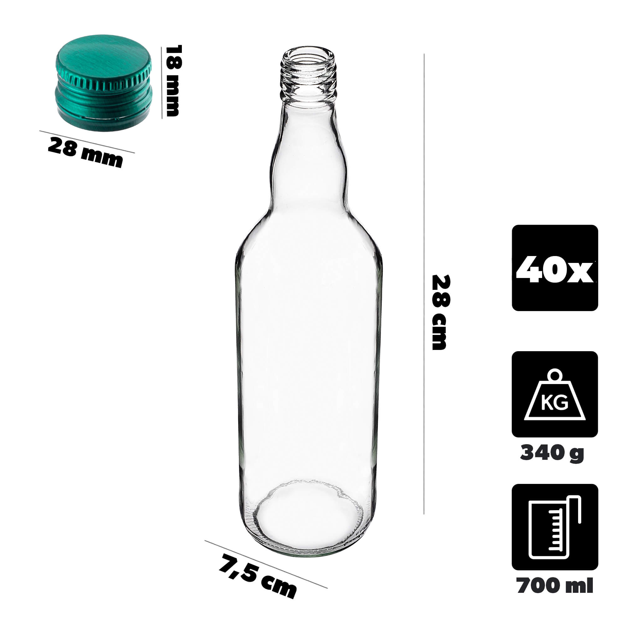 Szklana butelka Monopol 700ml z zieloną zakrętką 40 szt.