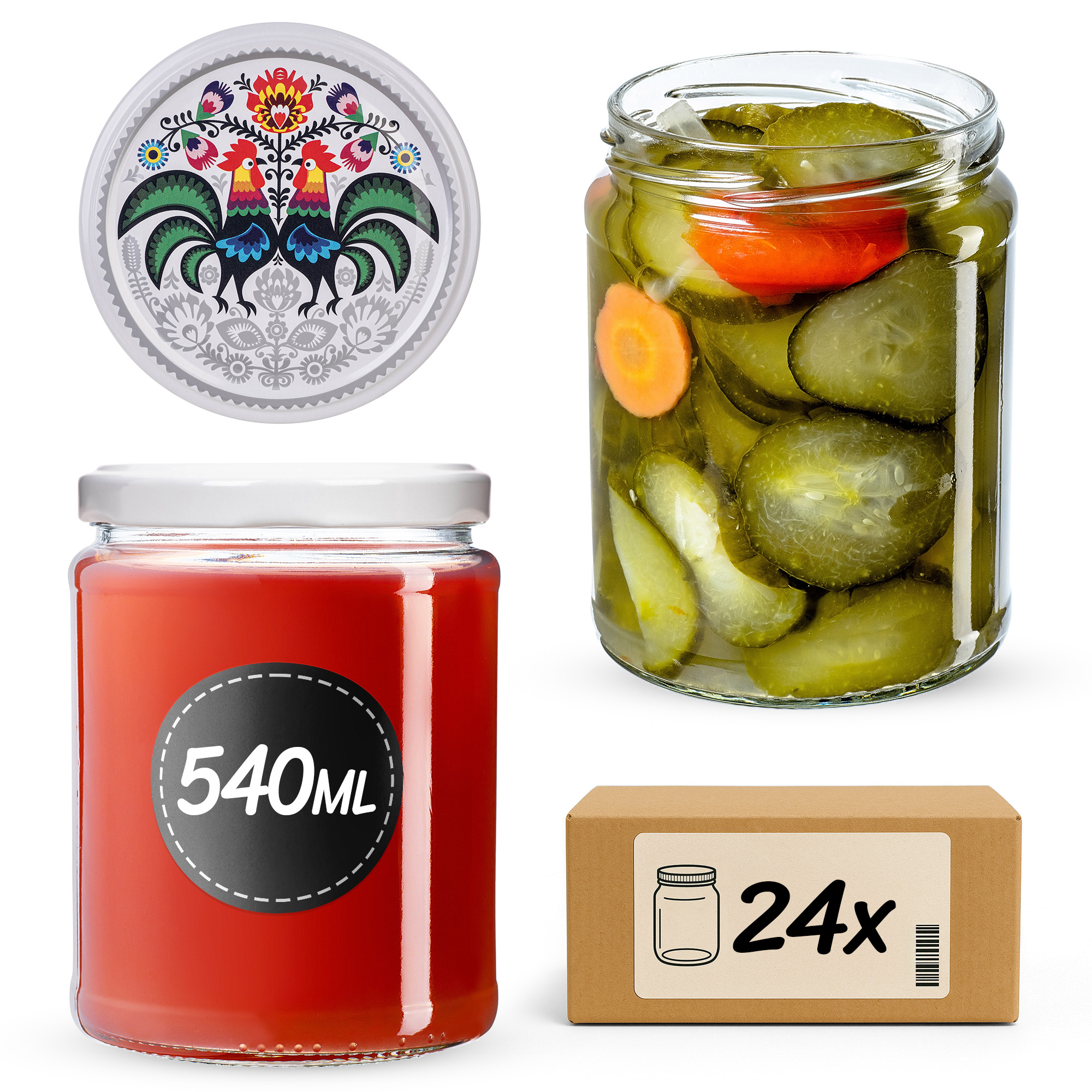 Słoiki na przetwory Maki 540ml fi82mm 24szt + wieczko Kogut