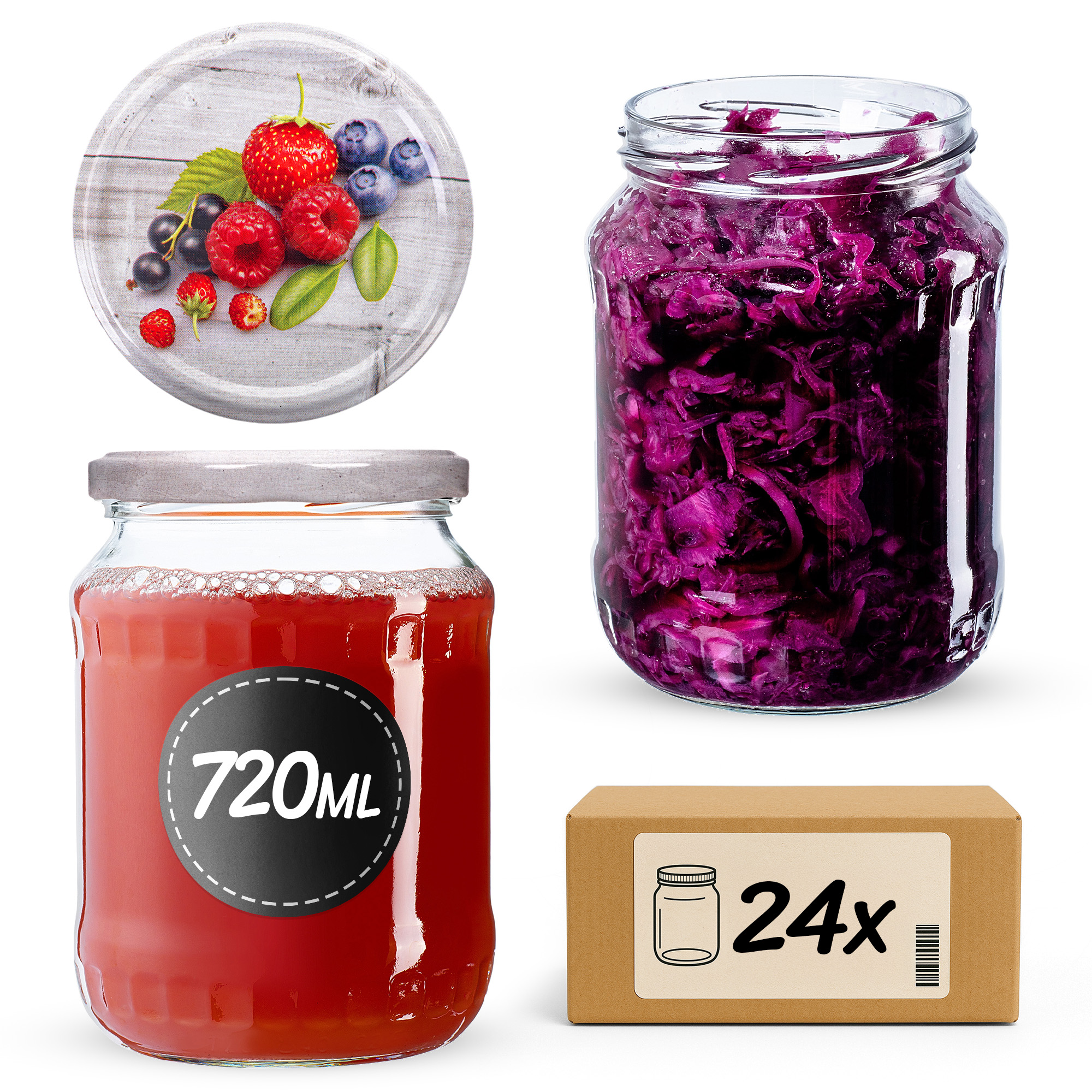 Słoiki na przetwory Jukka 720ml fi82mm 24szt + wieczko Owoce