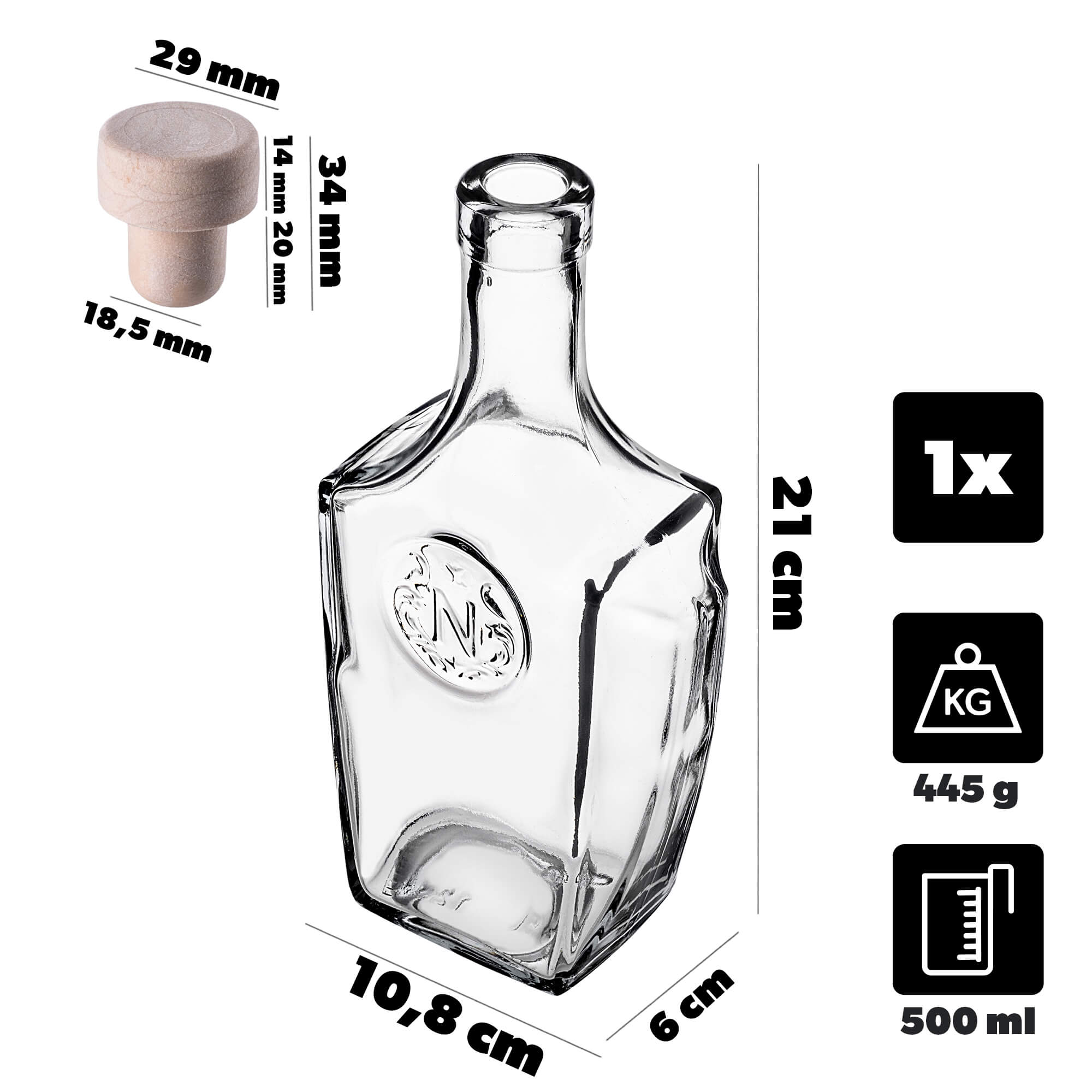 Szklana butelka na nalewkę Faenza 500ml z korkiem syntetycznym 1 szt.