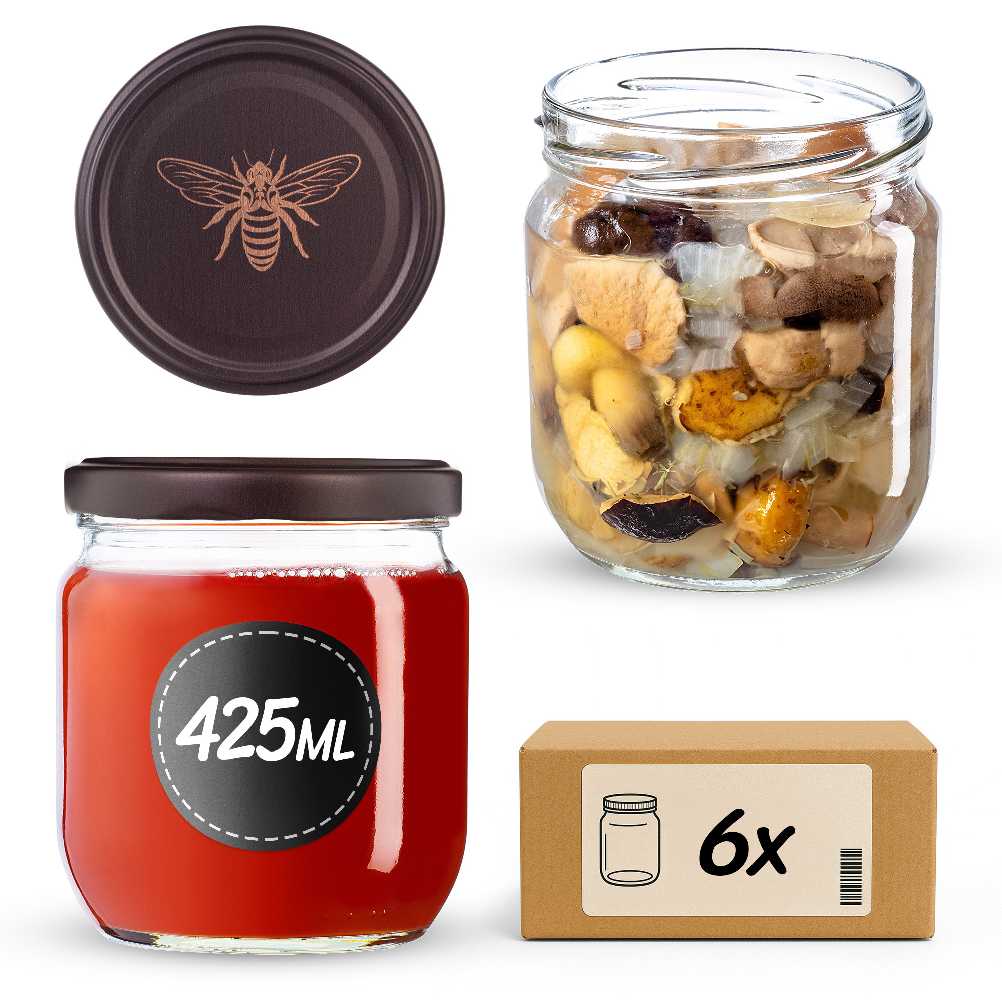 Słoiki na przetwory Salla 425ml fi82mm 6szt + wieczko Pszczoła