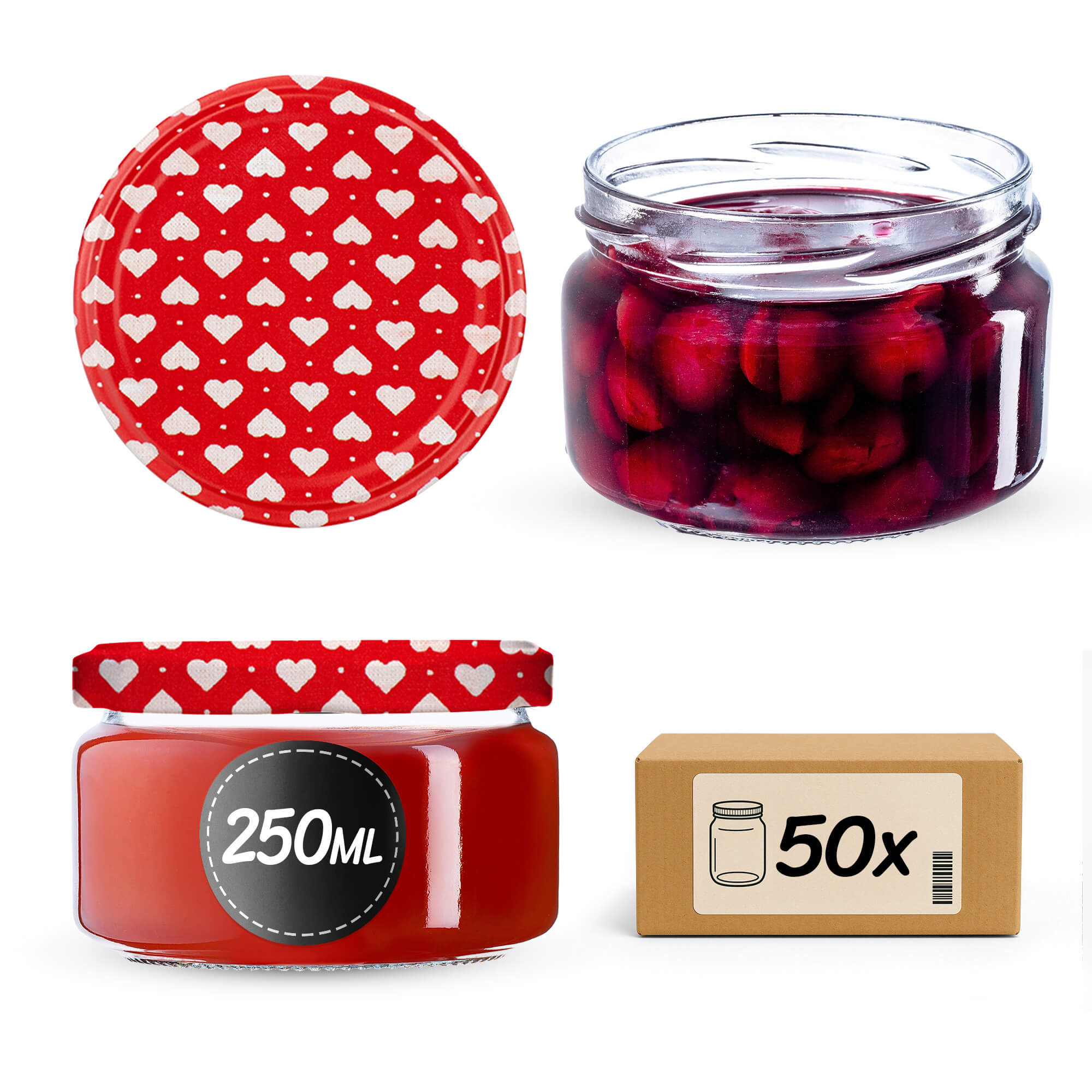 Słoiki na przetwory Denia 250ml 50szt 82mm + wieczko "Serca"