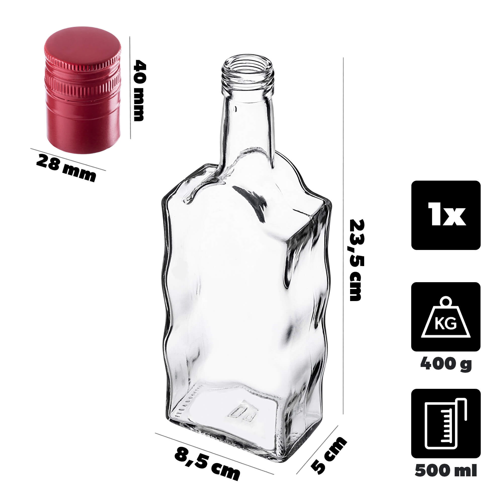 Szklana butelka na nalewkę Fala 500ml z długą czerwoną zakrętką 1 szt.