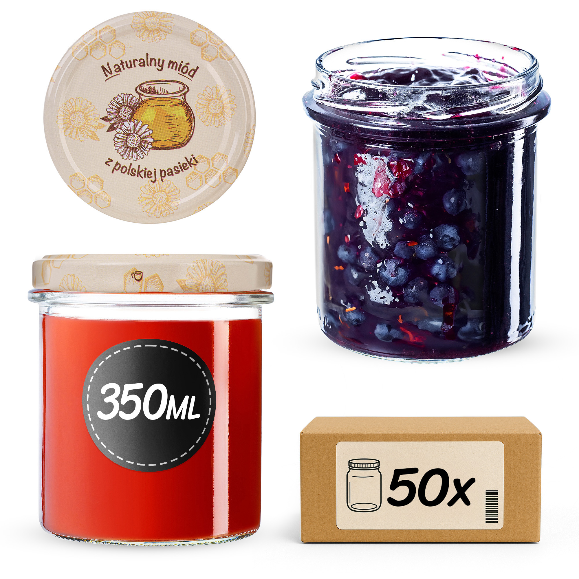 Słoiki na przetwory Avila 350ml fi82mm 50szt + wieczko Miód z pasieki