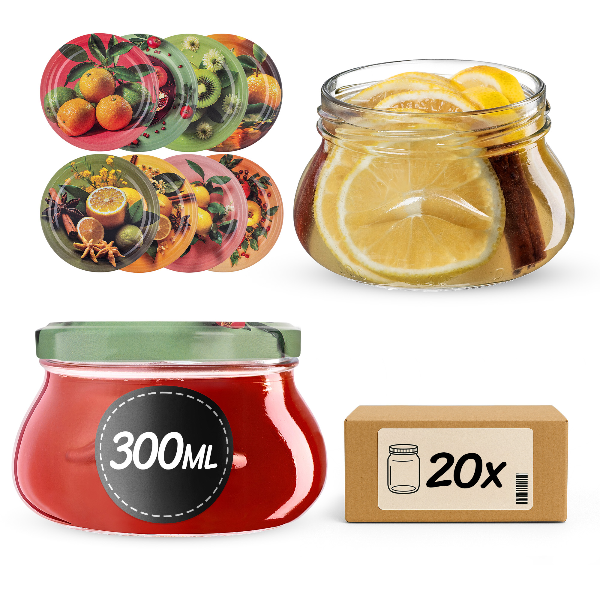 Słoiki na przetwory Raja 300ml fi82mm 20szt + wieczko Egzotyczne owoce