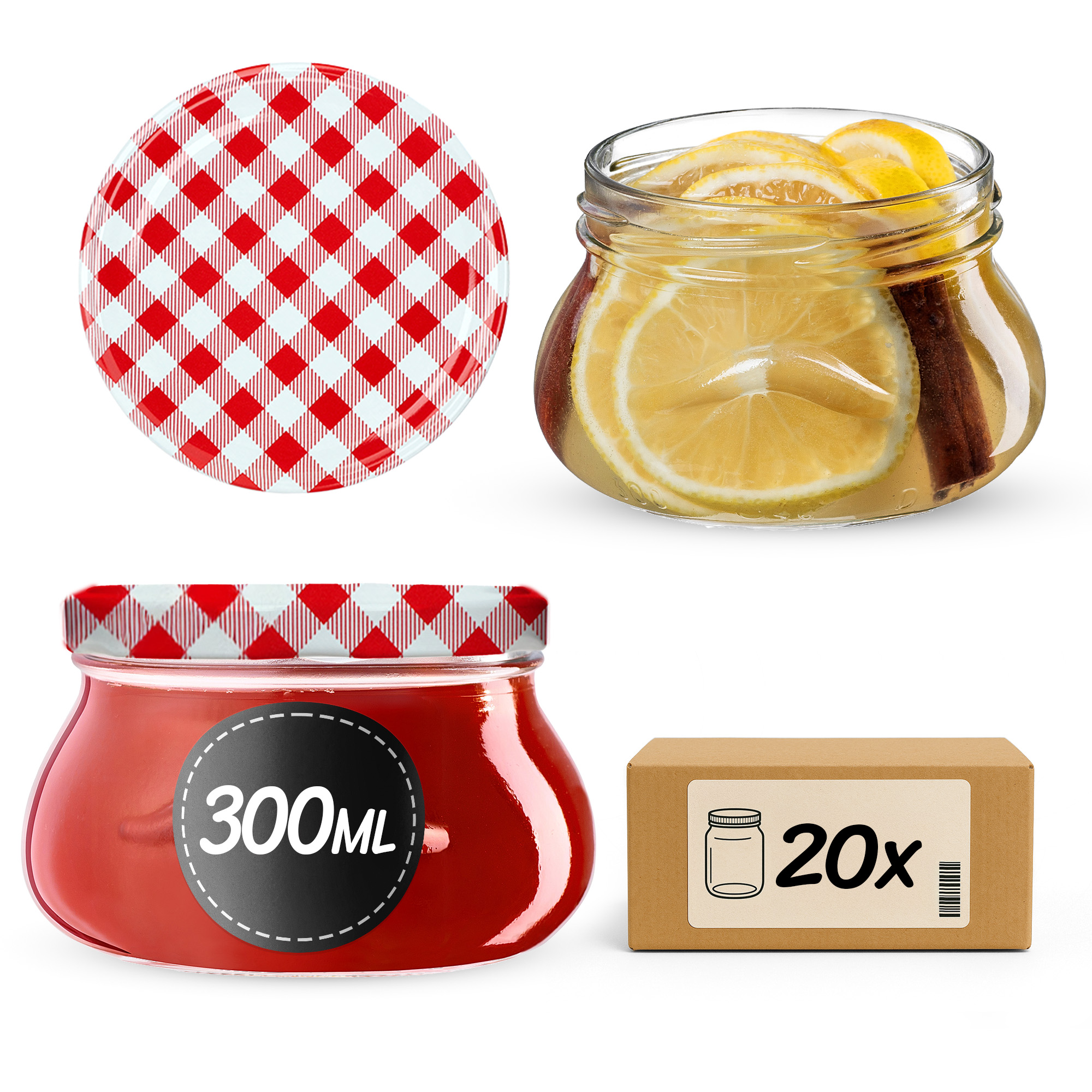 Słoiki na przetwory Raja 300ml 20szt 82mm + wieczka "Czerwona Krata"