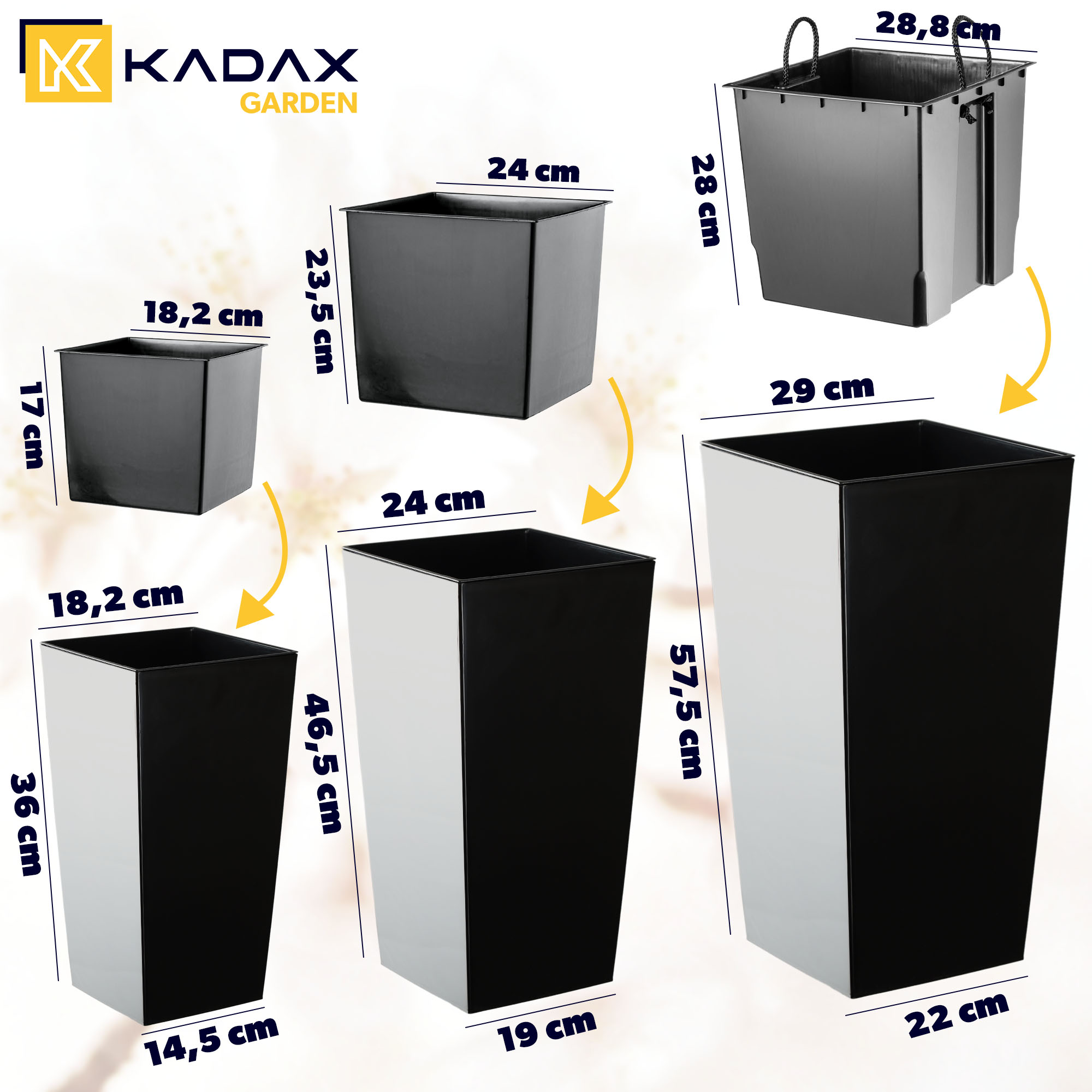 Donice na kwiaty z wkładem Masiera 19 cm + 25 cm + 30 cm, czarne