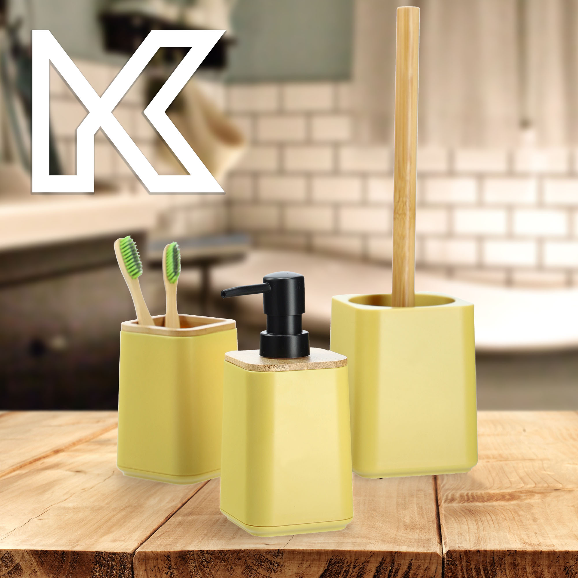 Zestaw Carrara Dozownik na mydło + Kubek łazienkowy + Szczotka WC, żółty