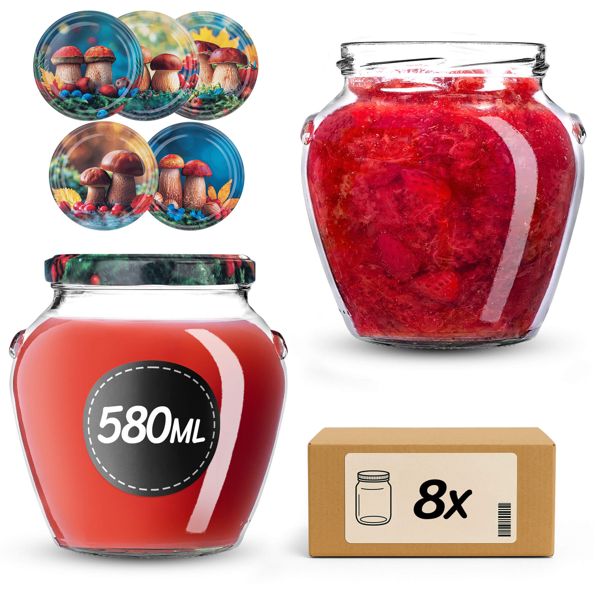 Słoiki na przetwory Sassa 580ml 8szt 82mm + wieczka "Polskie grzyby"