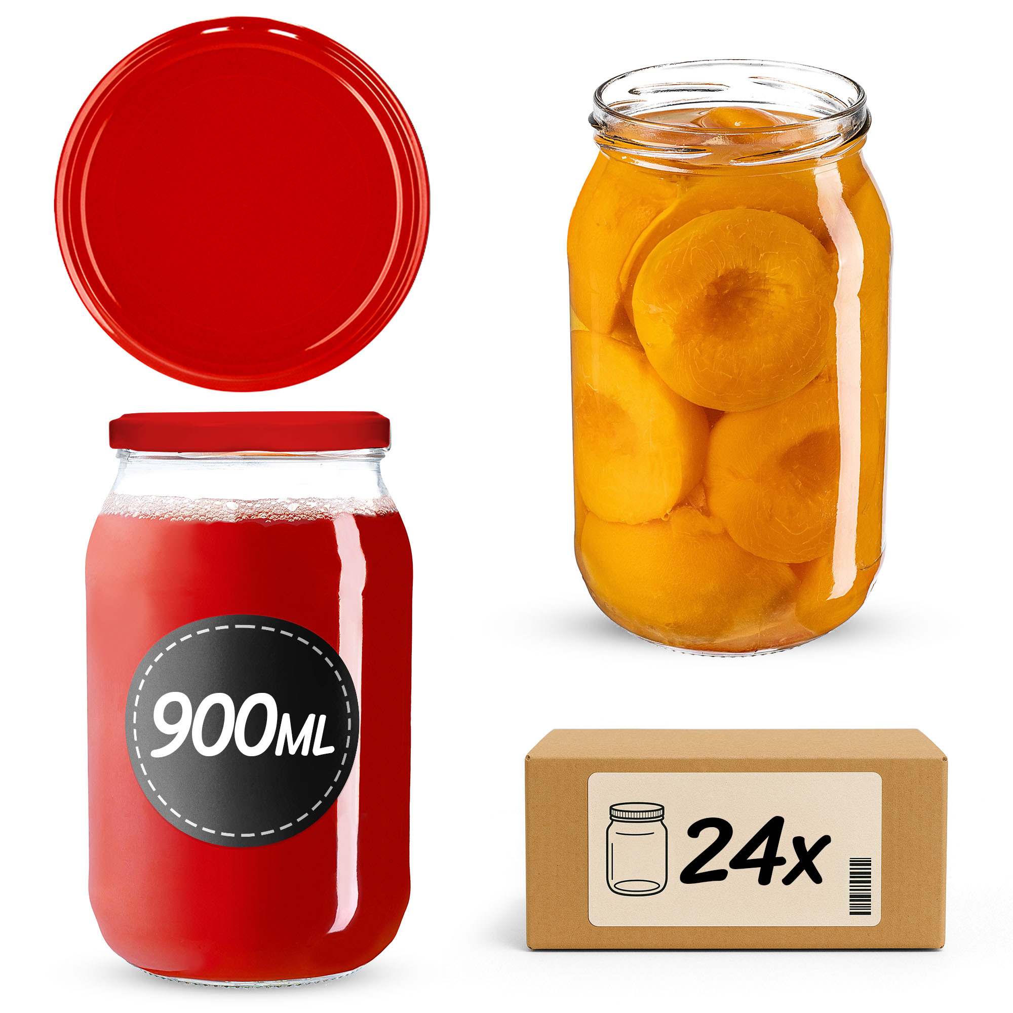 Słoiki na przetwory Simo 900ml 24szt 82mm + wieczka czerwone